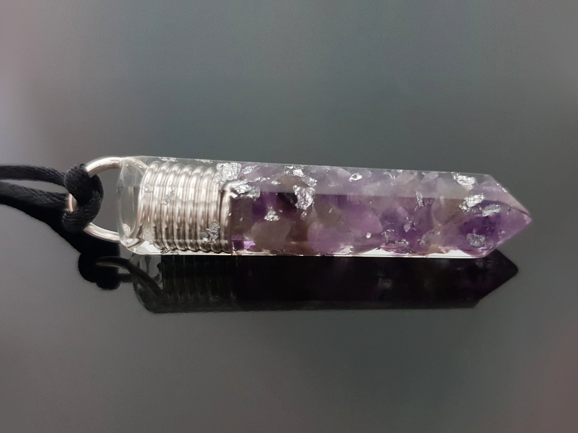 Orgonite orgone pendant necklace. Amethyst and silver amulet, charm. Crystal Reiki chakra necklace.