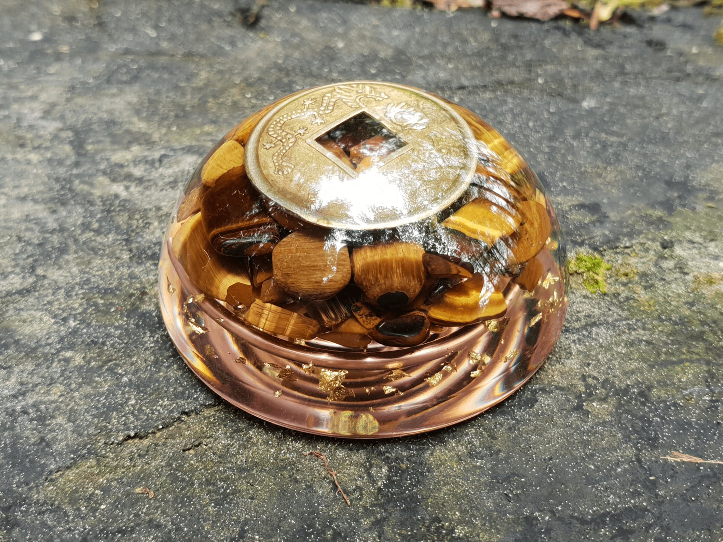 Pocket orgonite hemisphere dome, Tiger's eye orgone, Wealth, money, protection, Reiki, Alchemy, Magic amulet