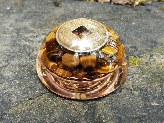 Pocket orgonite hemisphere dome, Tiger's eye orgone, Wealth, money, protection, Reiki, Alchemy, Magic amulet