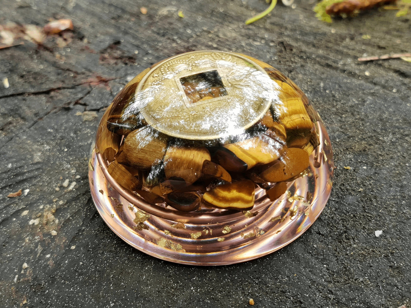 Pocket orgonite hemisphere dome, Tiger's eye orgone, Wealth, money, protection, Reiki, Alchemy, Magic amulet