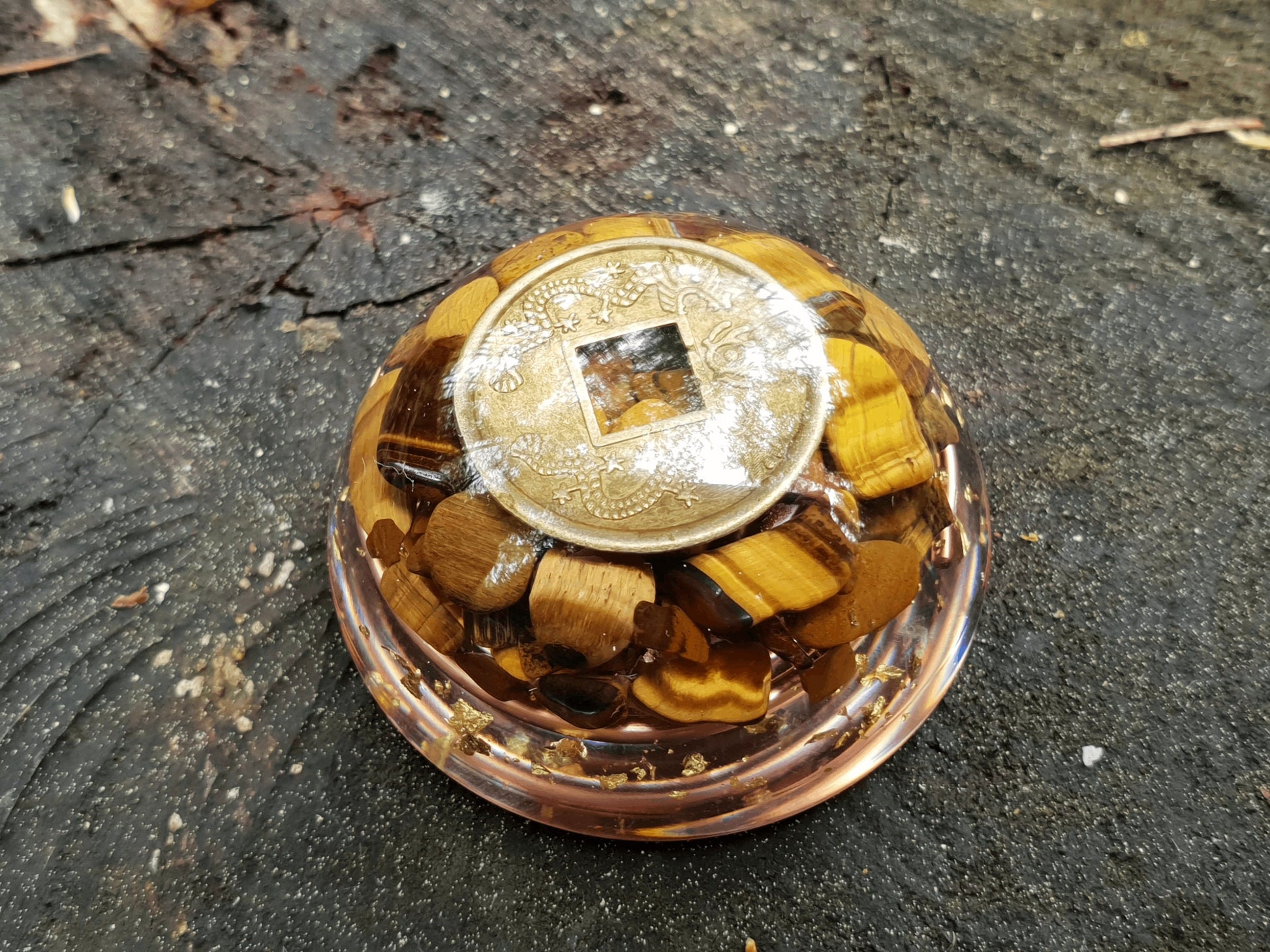 Pocket orgonite hemisphere dome, Tiger's eye orgone, Wealth, money, protection, Reiki, Alchemy, Magic amulet
