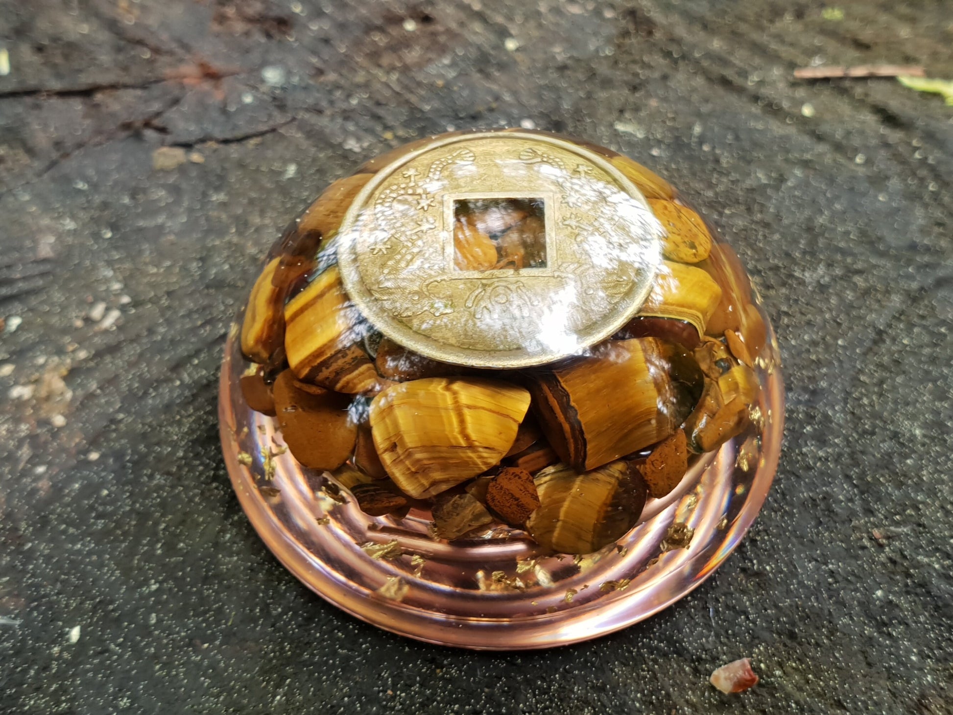 Pocket orgonite hemisphere dome, Tiger's eye orgone, Wealth, money, protection, Reiki, Alchemy, Magic amulet