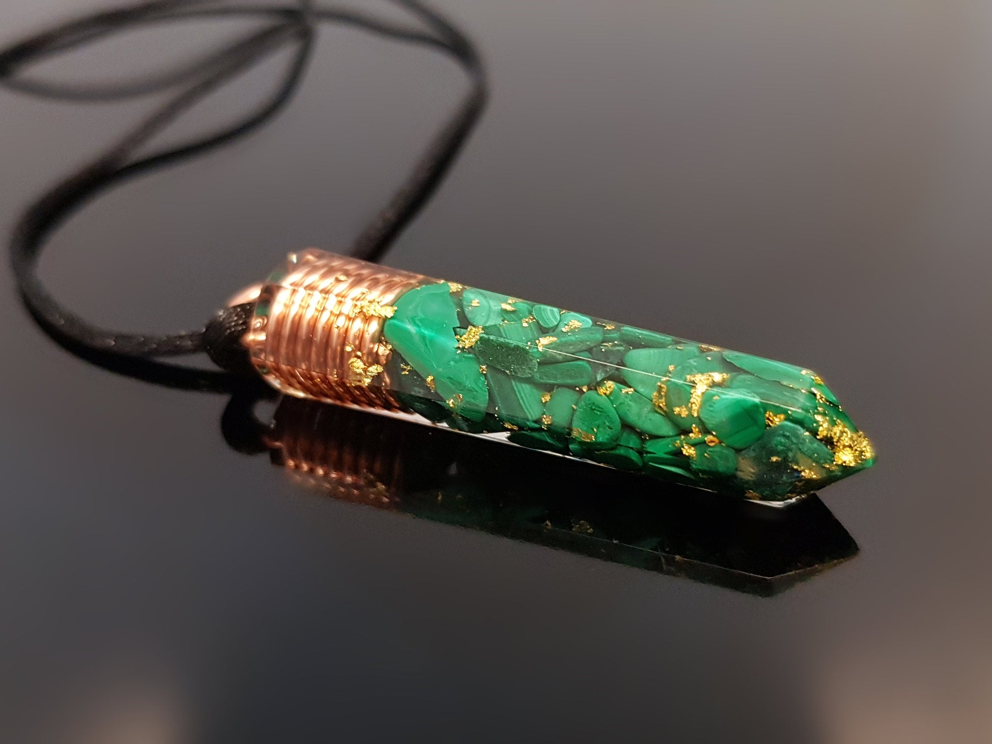 Orgonite Pendant, Malachite with 24k gold, orgone necklace, chakra healing, programmed / enchanted amulet, talisman