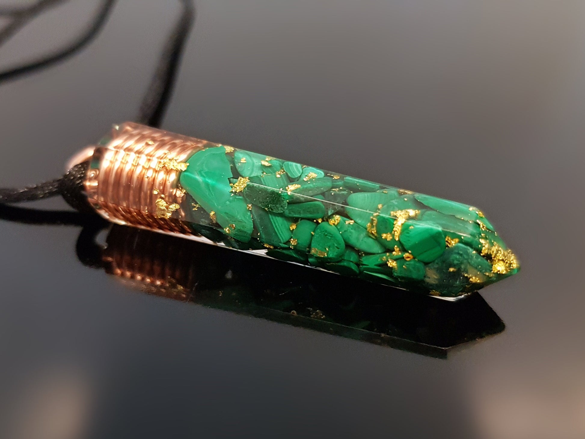 Orgonite Pendant, Malachite with 24k gold, orgone necklace, chakra healing, programmed / enchanted amulet, talisman