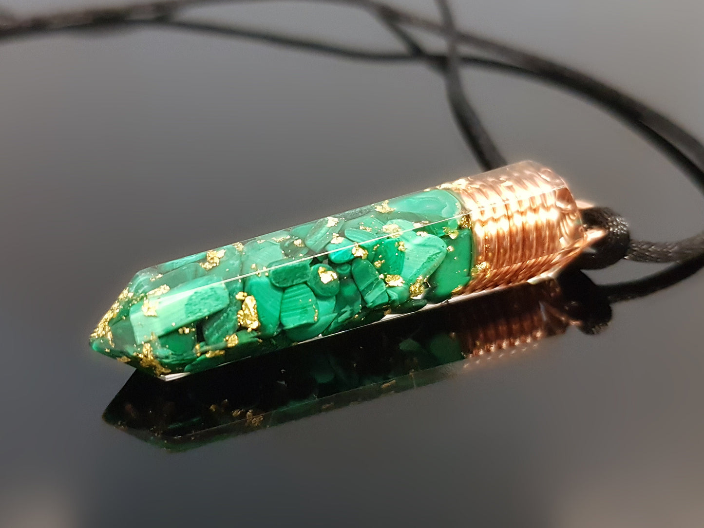 Orgonite Pendant, Malachite with 24k gold, orgone necklace, chakra healing, programmed / enchanted amulet, talisman