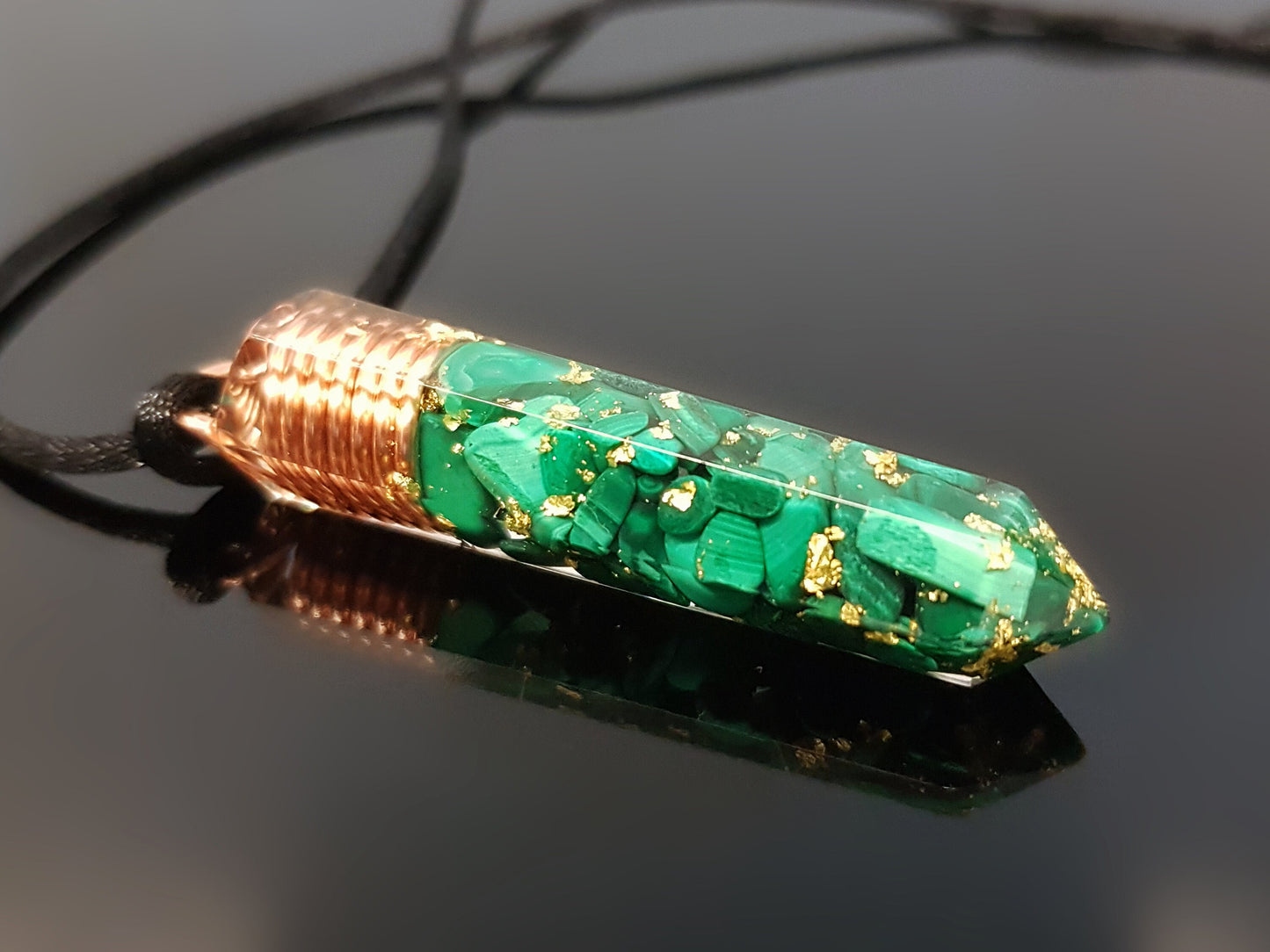 Orgonite Pendant, Malachite with 24k gold, orgone necklace, chakra healing, programmed / enchanted amulet, talisman