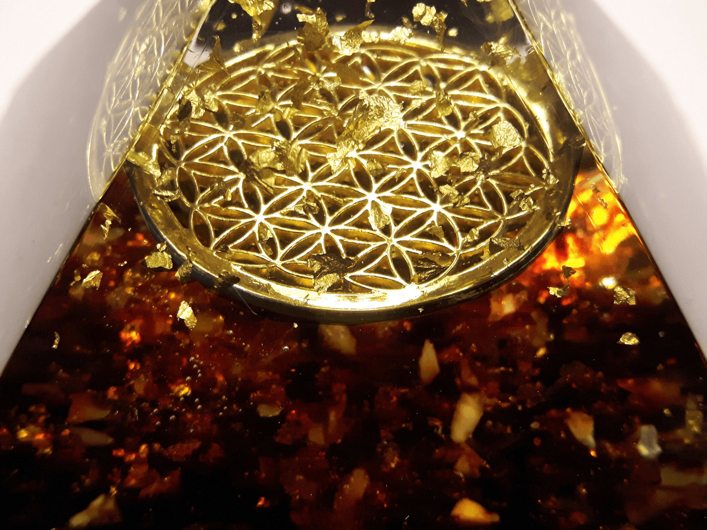 Orgonite Orgone Pyramid - Baltic Amber, wealth, flower of life, EMF protection, healing, shungite, tourmaline, quartz