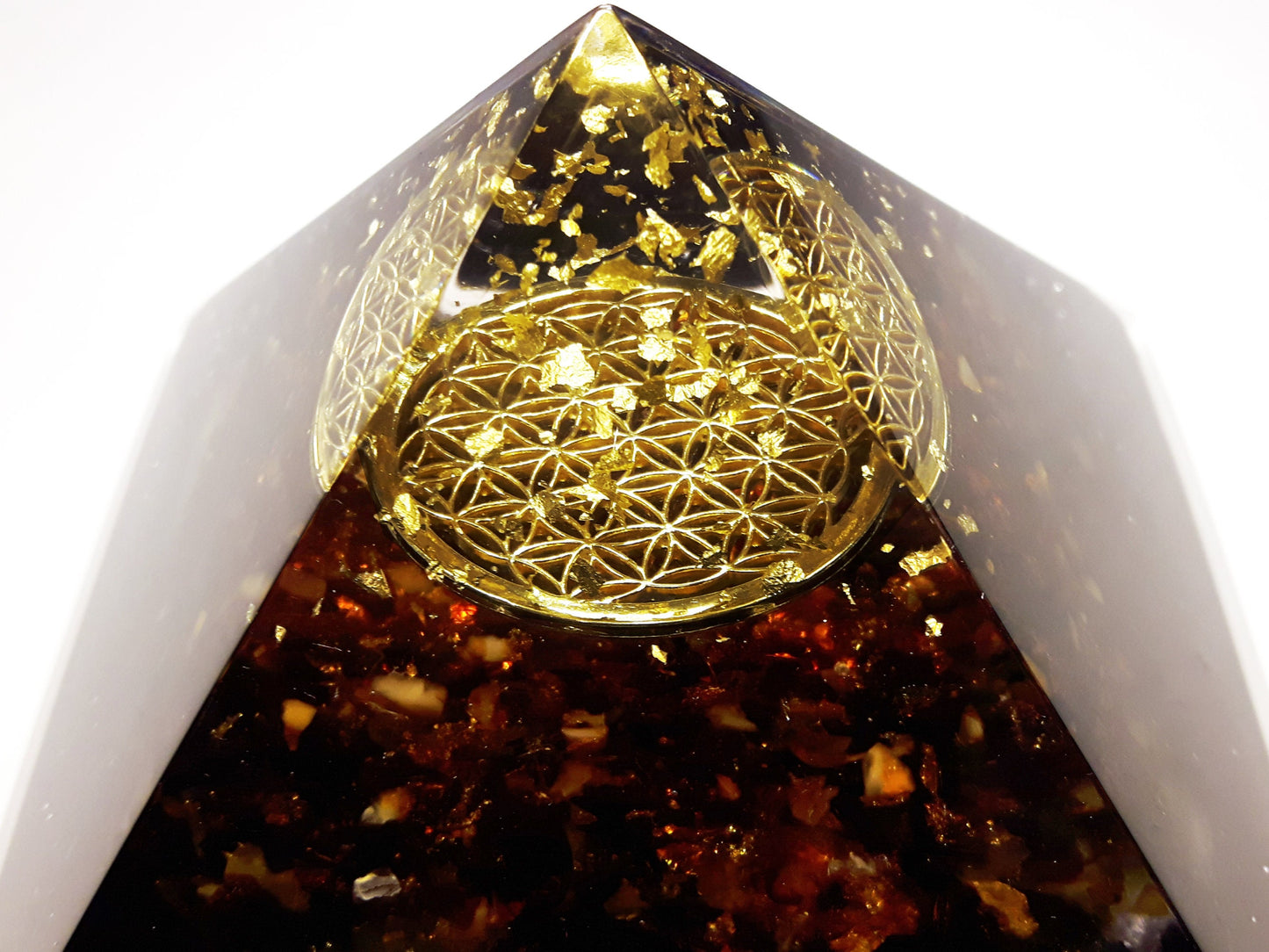 Orgonite Orgone Pyramid - Baltic Amber, wealth, flower of life, EMF protection, healing, shungite, tourmaline, quartz