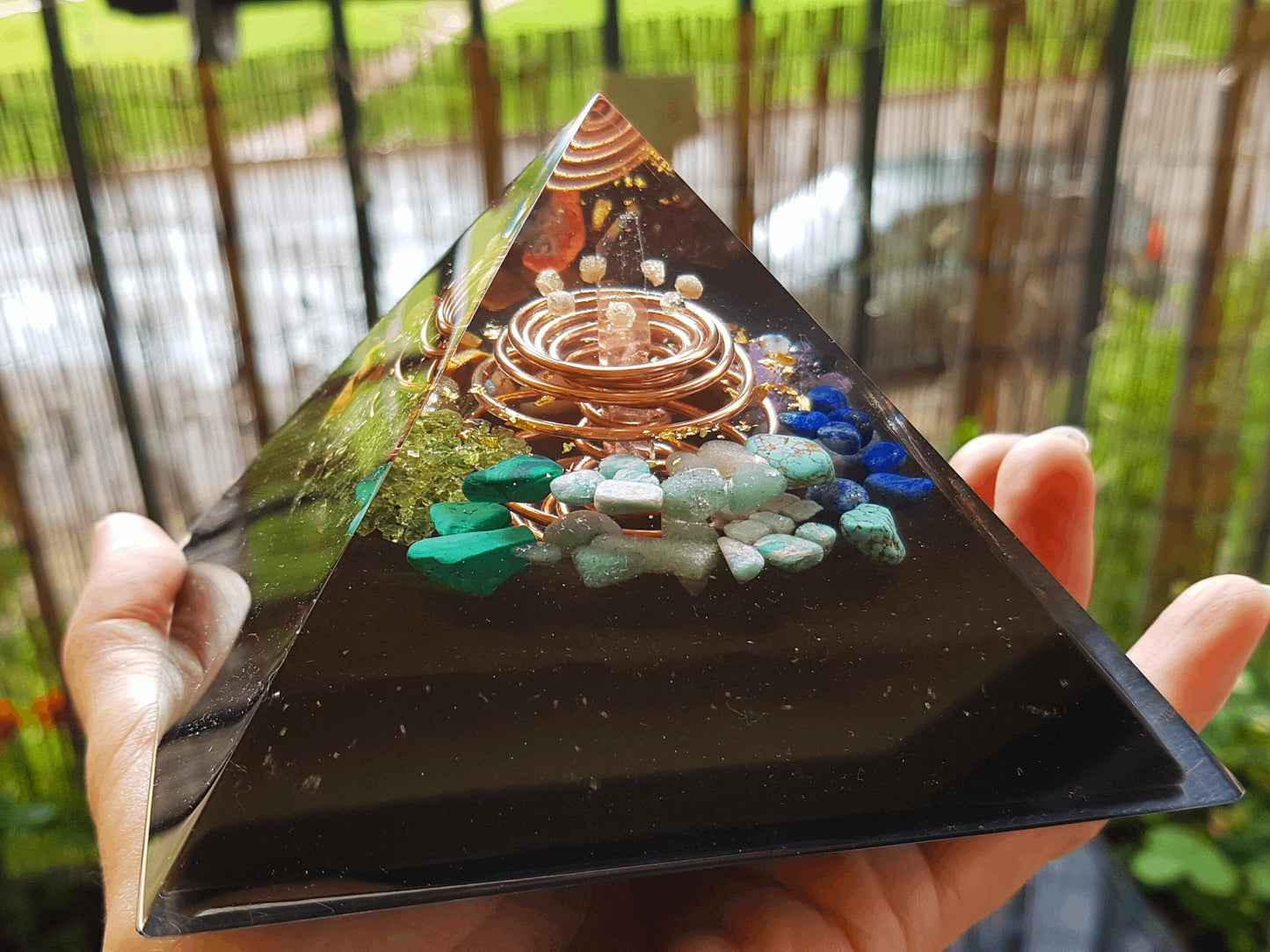 Orgonite orgone Pyramid with vortex coil, 7 chakra healing, rainbow, money and wealth attraction magnet, protection