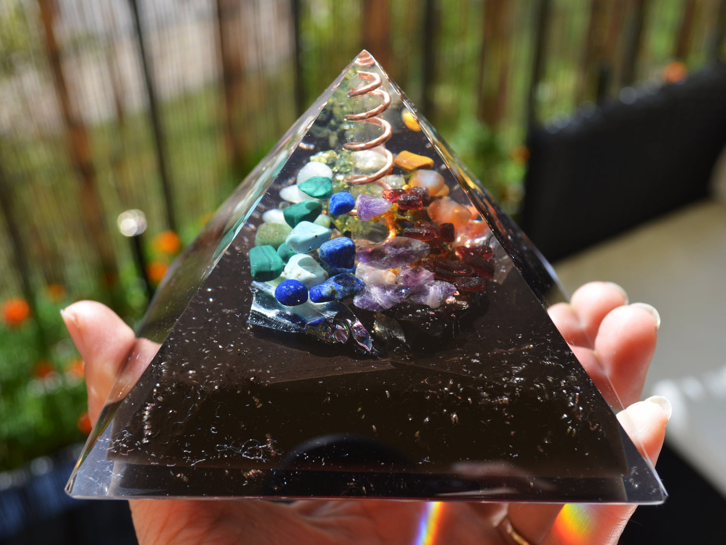 Orgone Orgonite Pyramid, Prosperity and Protection, 7 chakra, Wealth, Money, Reiki healing, rainbow crystals