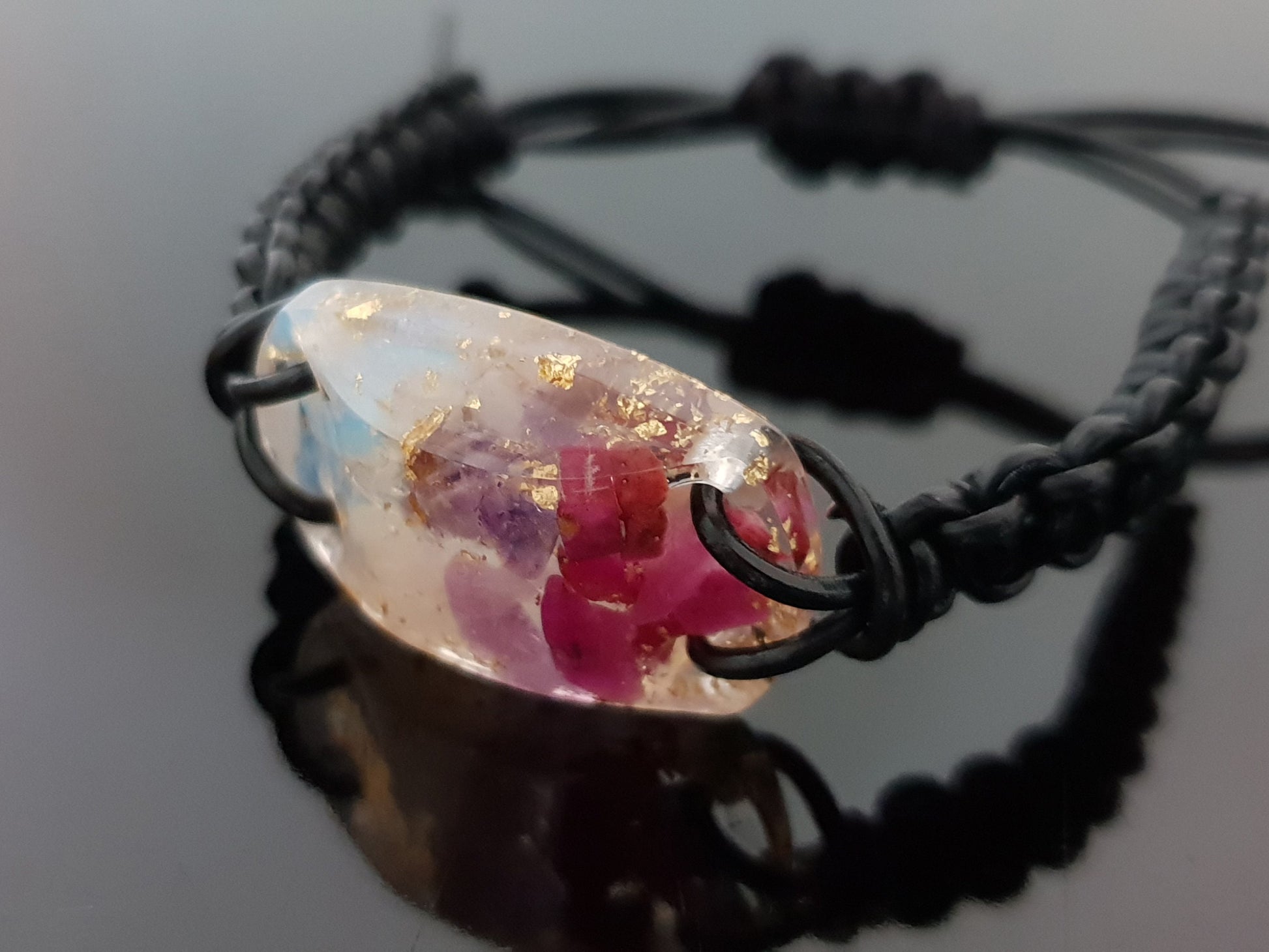 Orgonite Orgone bracelet, Ruby, Amethyst, Rose quartz, moonstone, 24k gold, Reiki amulet, love, passion, harmony