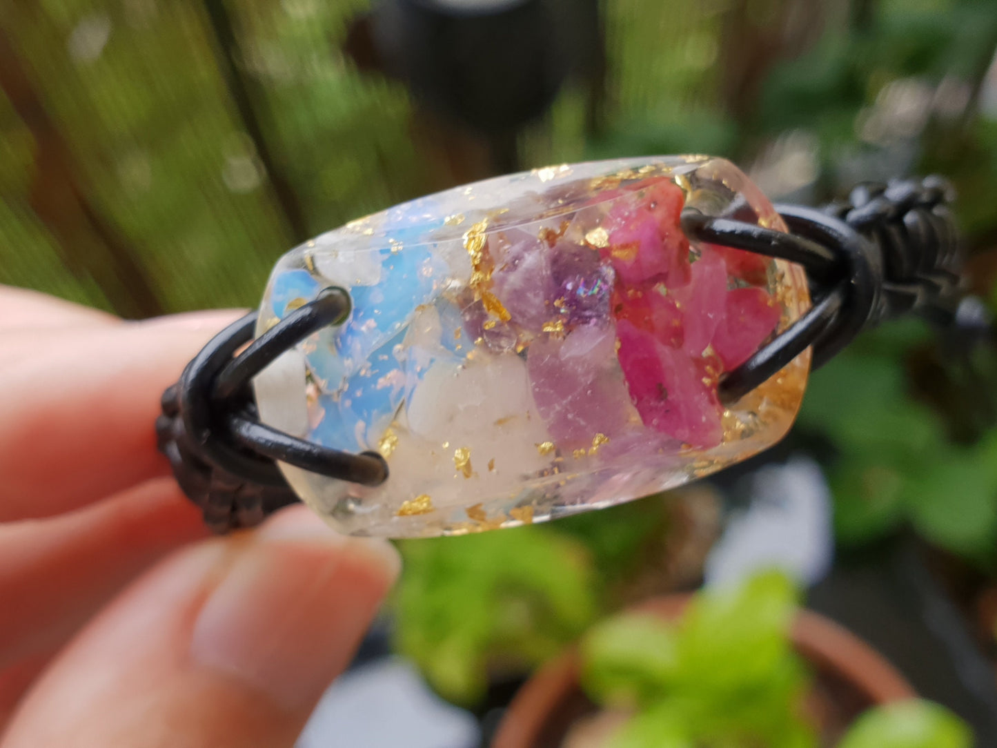Orgonite Orgone bracelet, Ruby, Amethyst, Rose quartz, moonstone, 24k gold, Reiki amulet, love, passion, harmony
