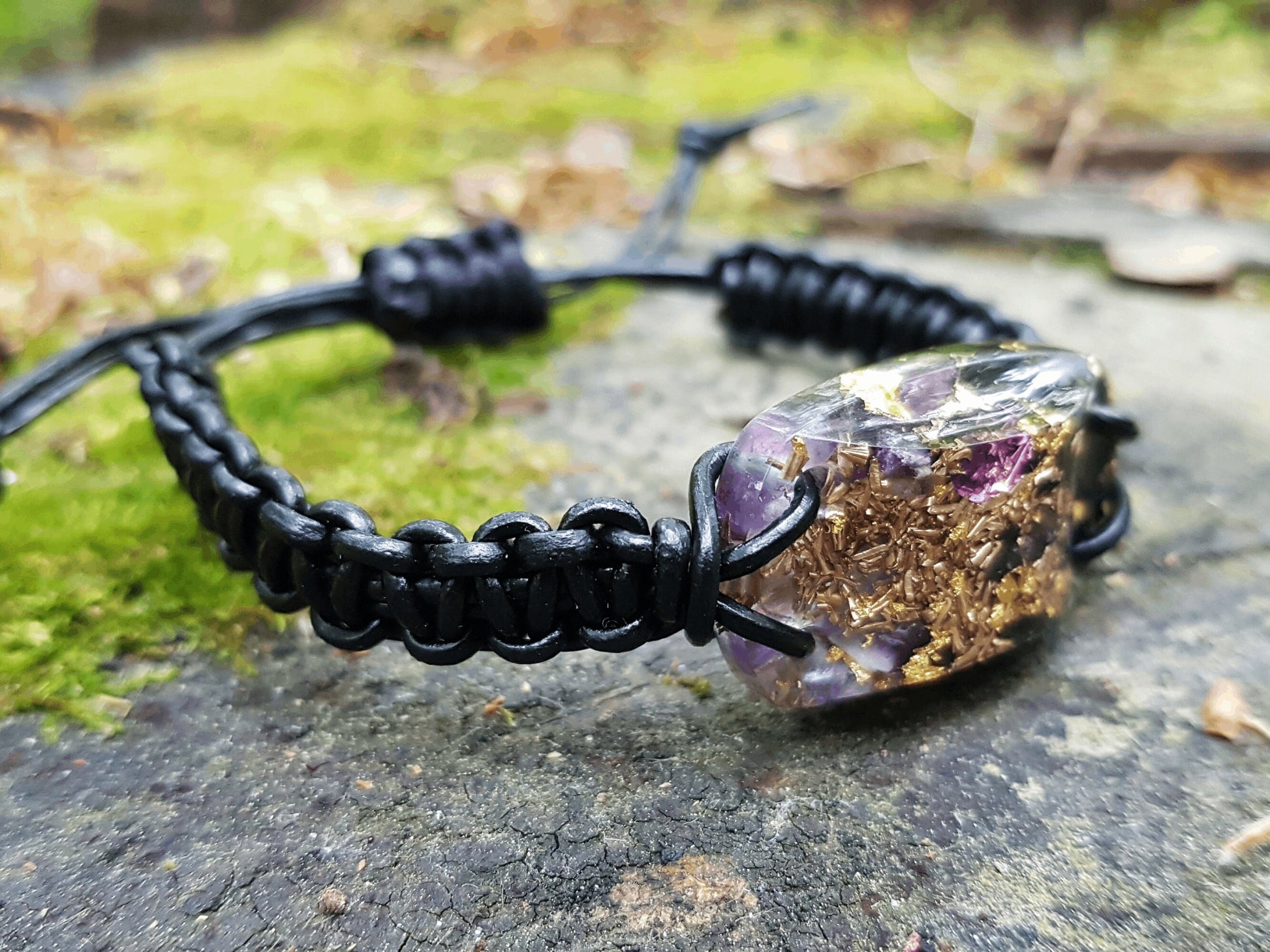 Orgonite orgone bracelet, Black Tourmaline, amethyst, brass, 24k gold, reiki crystal energy healing, EMF protection