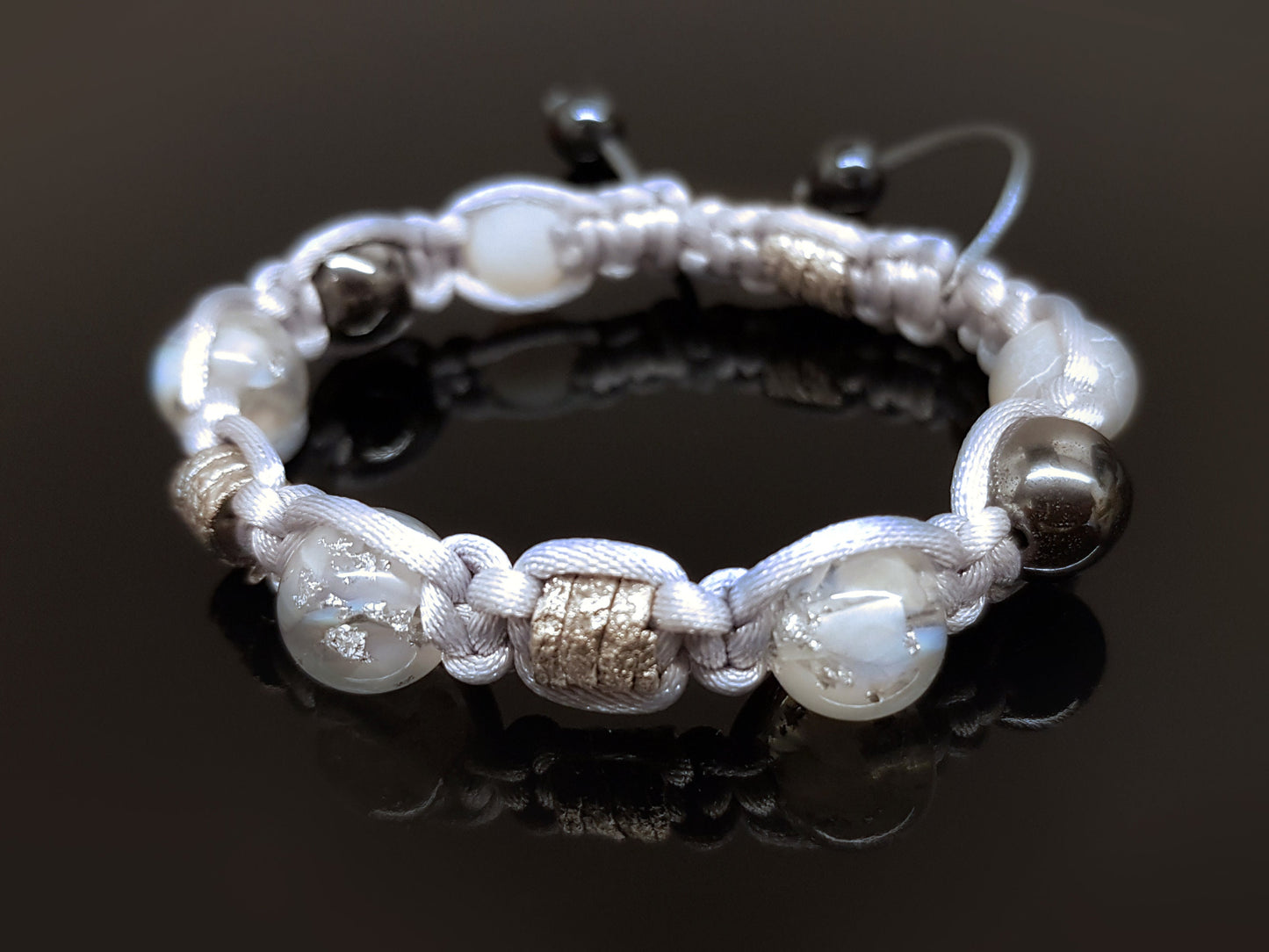 Adjustable beaded Shamballa bracelet, moonstone and silver orgonite orgone beads, magic amulet, charm