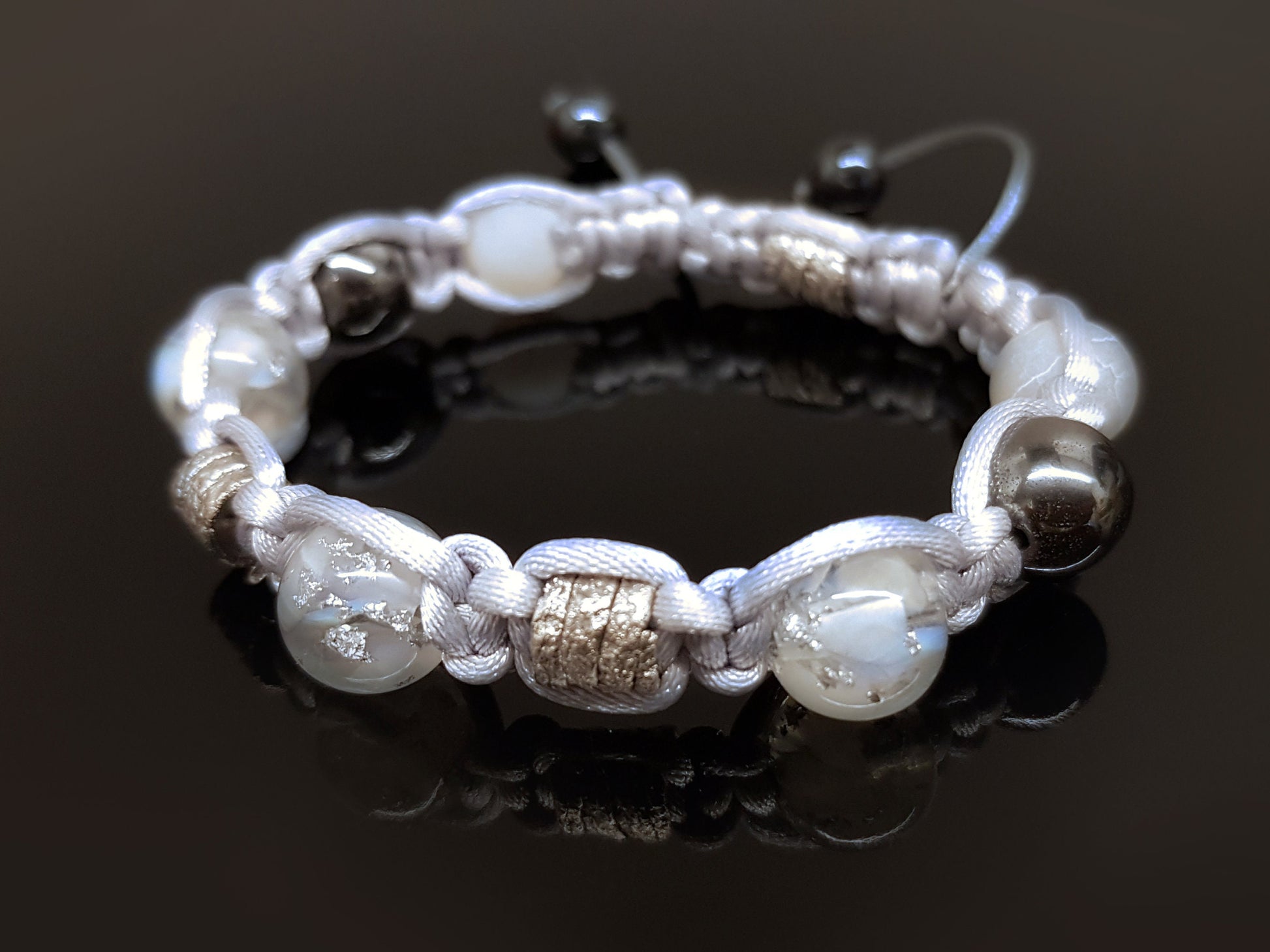 Adjustable beaded Shamballa bracelet, moonstone and silver orgonite orgone beads, magic amulet, charm