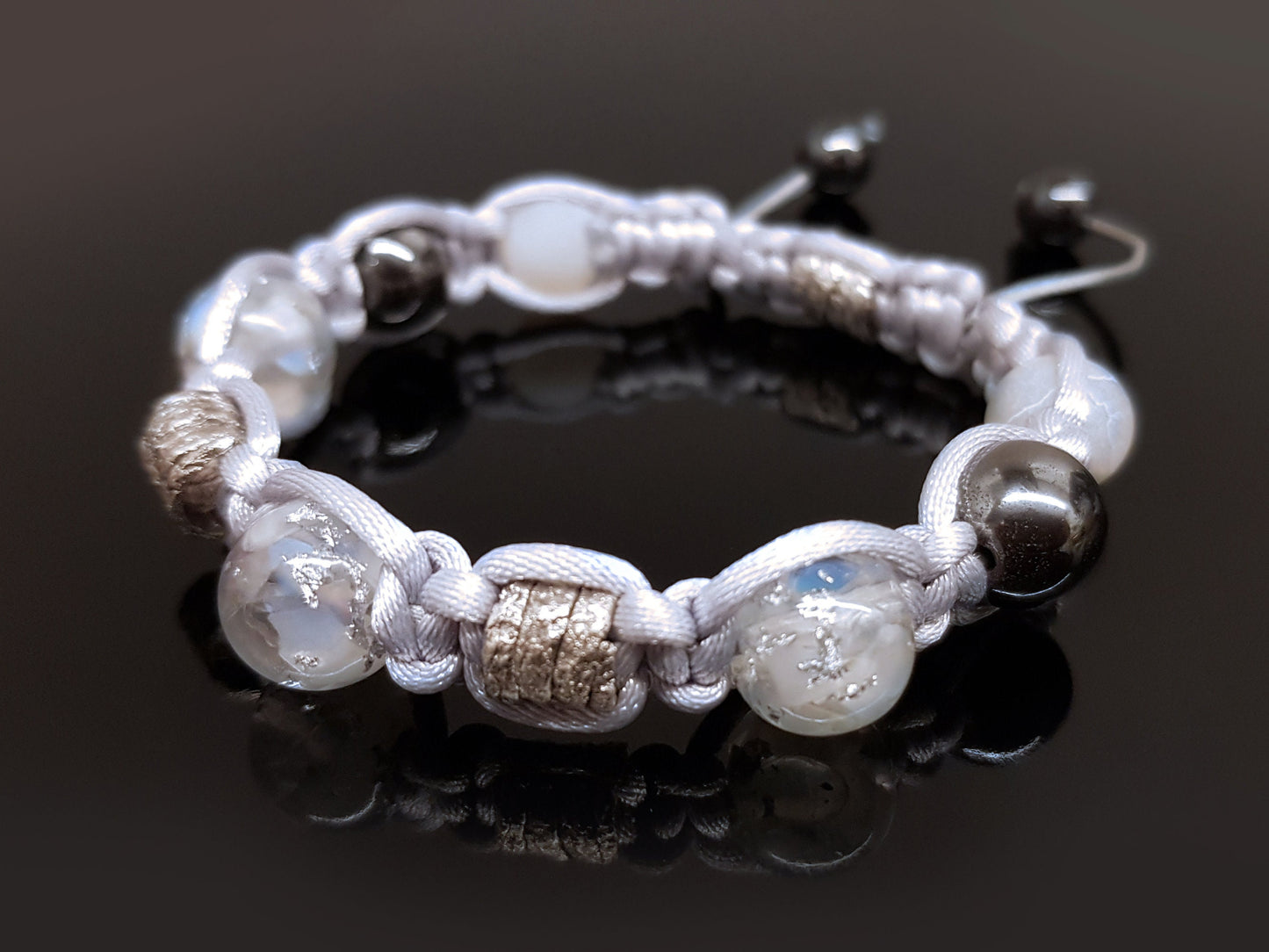 Adjustable beaded Shamballa bracelet, moonstone and silver orgonite orgone beads, magic amulet, charm