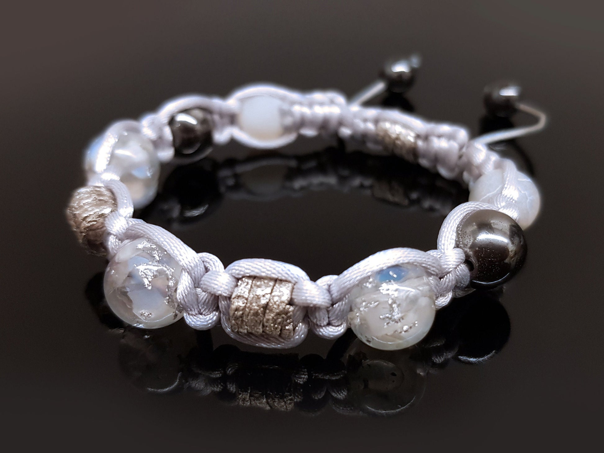 Adjustable beaded Shamballa bracelet, moonstone and silver orgonite orgone beads, magic amulet, charm