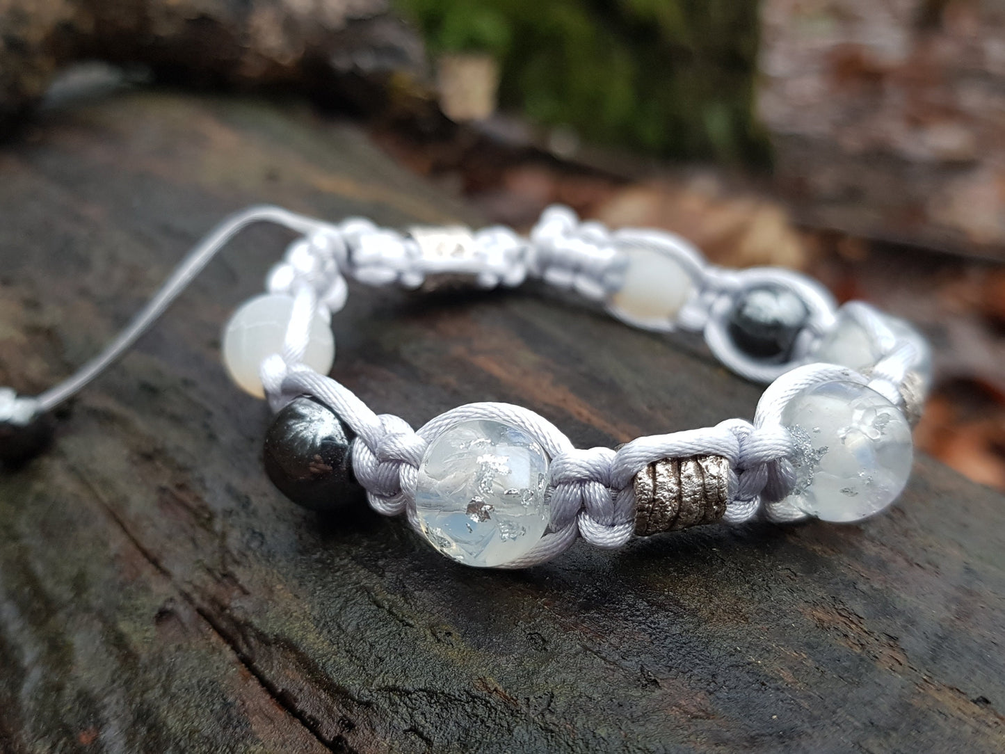 Adjustable beaded Shamballa bracelet, moonstone and silver orgonite orgone beads, magic amulet, charm