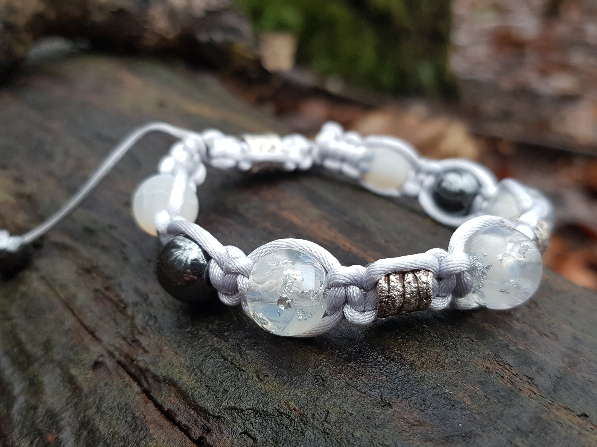 Adjustable beaded Shamballa bracelet, moonstone and silver orgonite orgone beads, magic amulet, charm