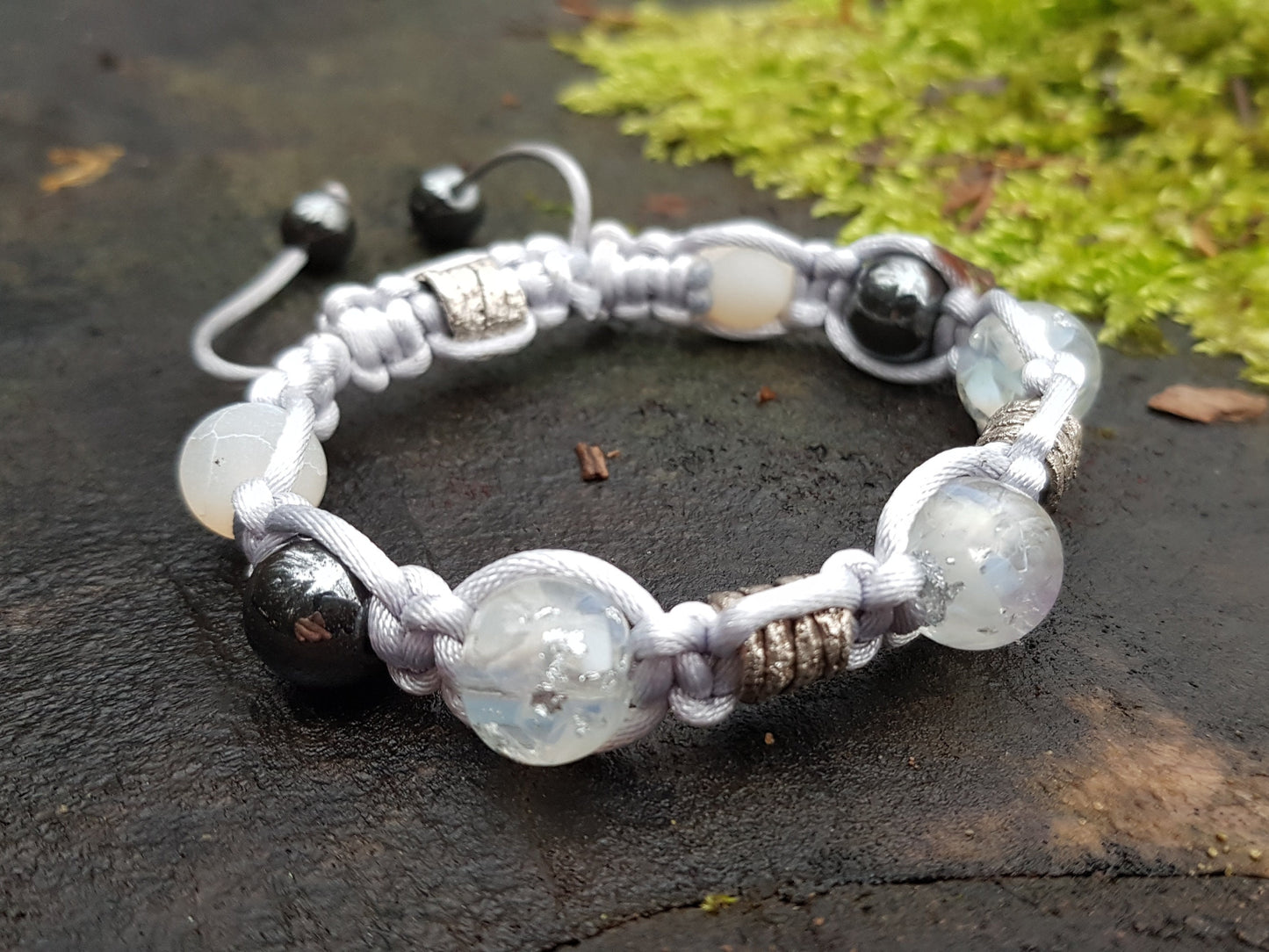 Adjustable beaded Shamballa bracelet, moonstone and silver orgonite orgone beads, magic amulet, charm