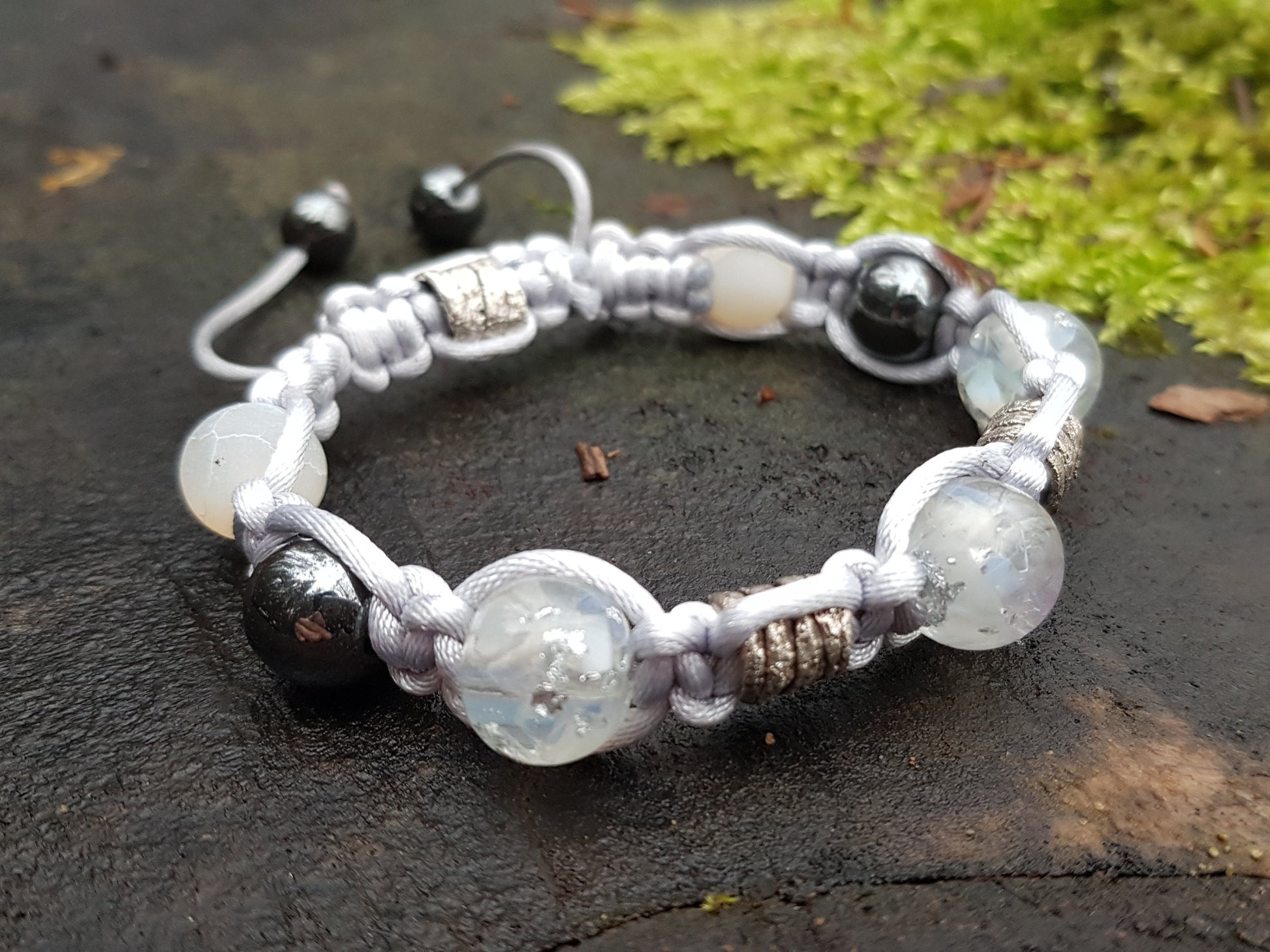 Adjustable beaded Shamballa bracelet, moonstone and silver orgonite orgone beads, magic amulet, charm