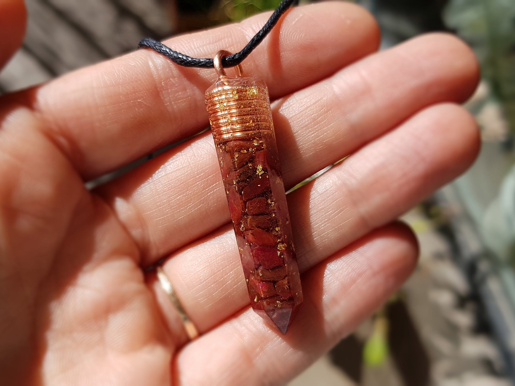 Ruby Orgonite orgone pendant necklace, Natural Ruby, 24k gold, Reiki crystal chakra healing. Love, money amulet