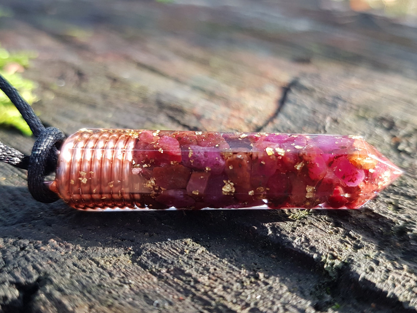 Ruby Orgonite orgone pendant necklace, Natural Ruby, 24k gold, Reiki crystal chakra healing. Love, money amulet