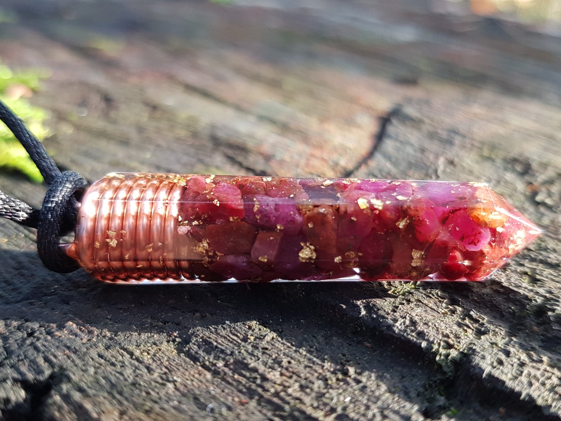 Ruby Orgonite orgone pendant necklace, Natural Ruby, 24k gold, Reiki crystal chakra healing. Love, money amulet