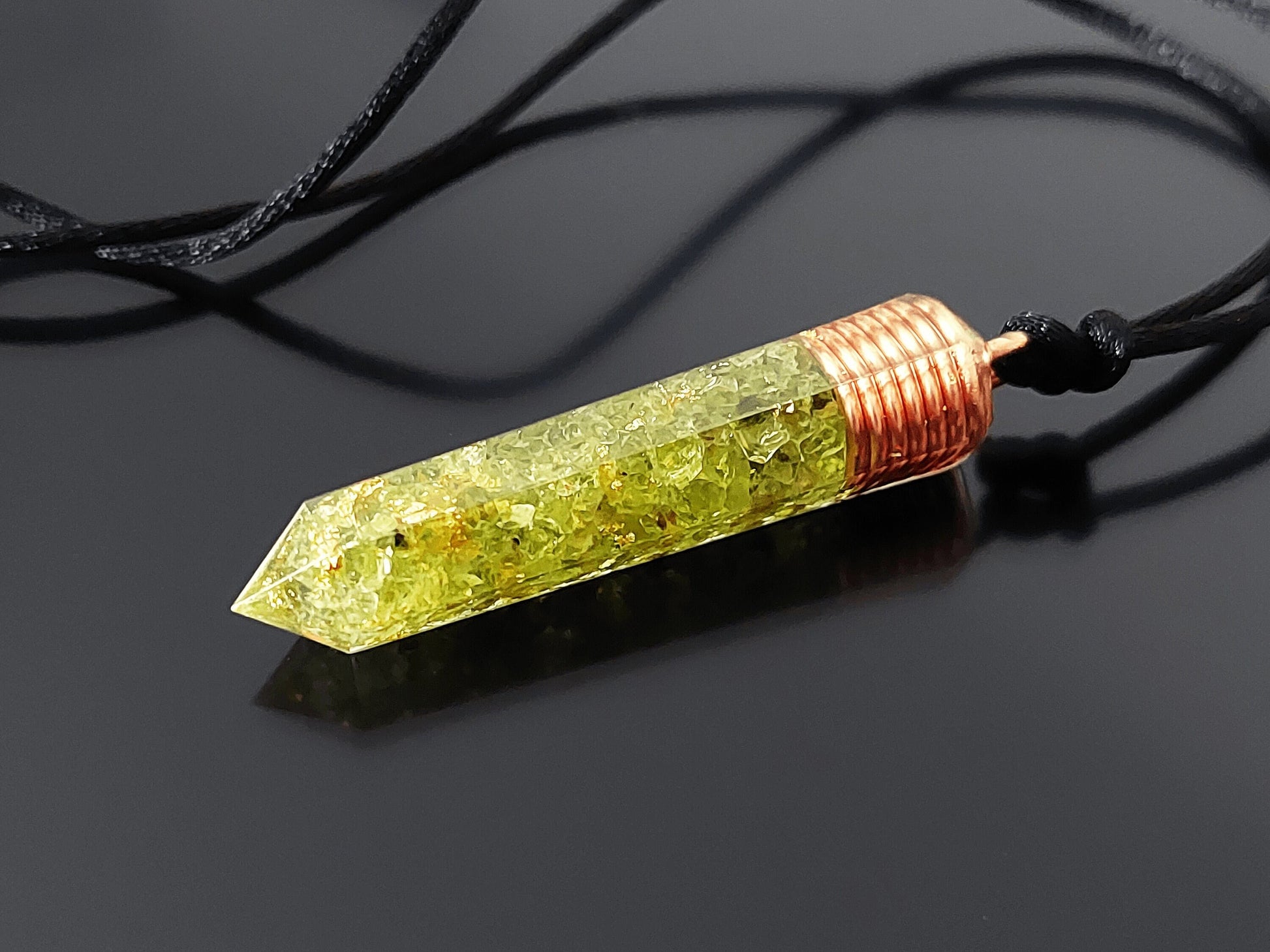 Orgonite Orgone pendant necklace, peridot, copper 24k gold. Reiki crystal healing chakra pendant. Money amulet.