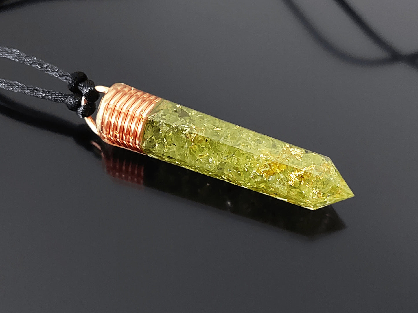 Orgonite Orgone pendant necklace, peridot, copper 24k gold. Reiki crystal healing chakra pendant. Money amulet.