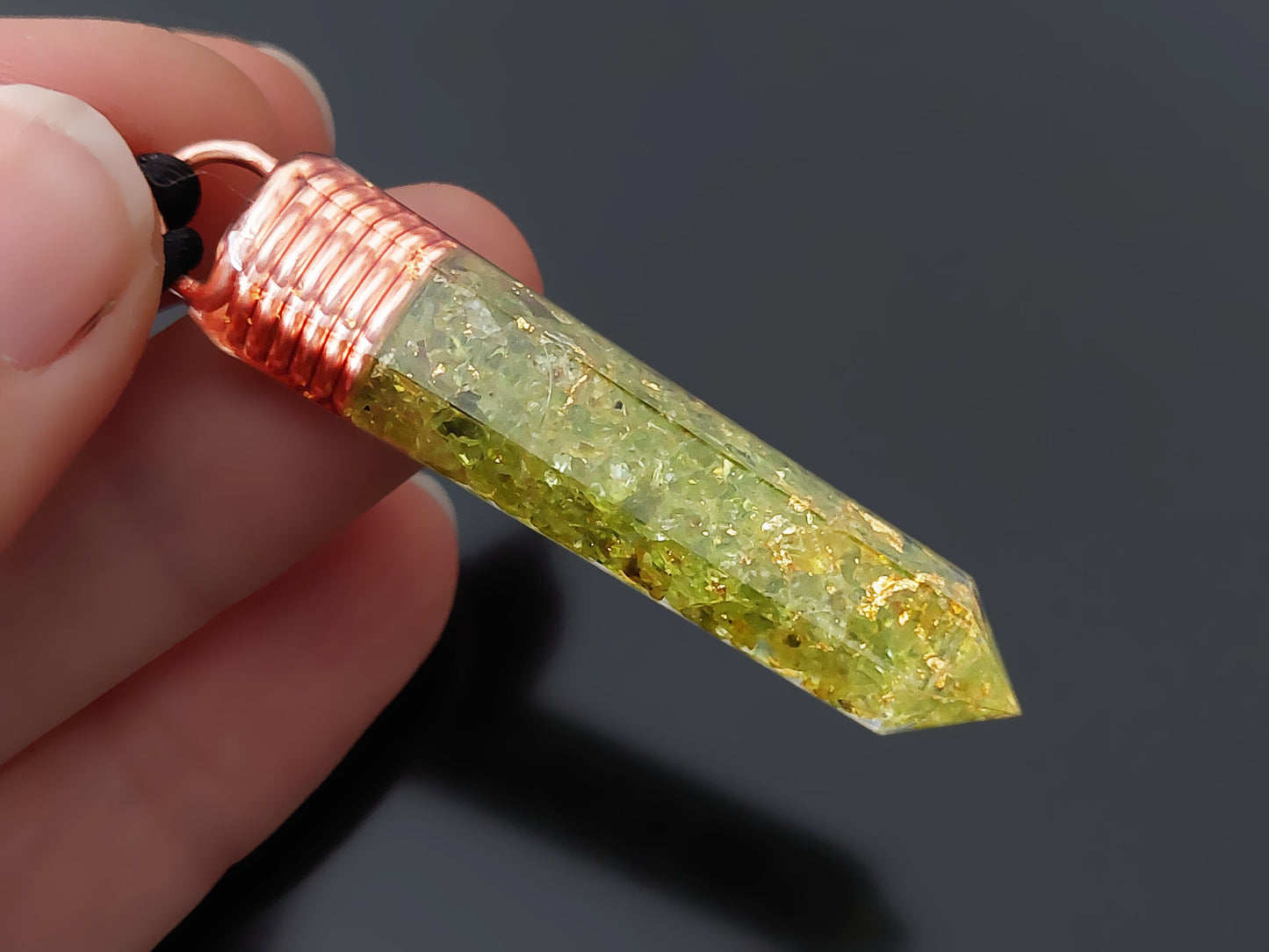 Orgonite Orgone pendant necklace, peridot, copper 24k gold. Reiki crystal healing chakra pendant. Money amulet.