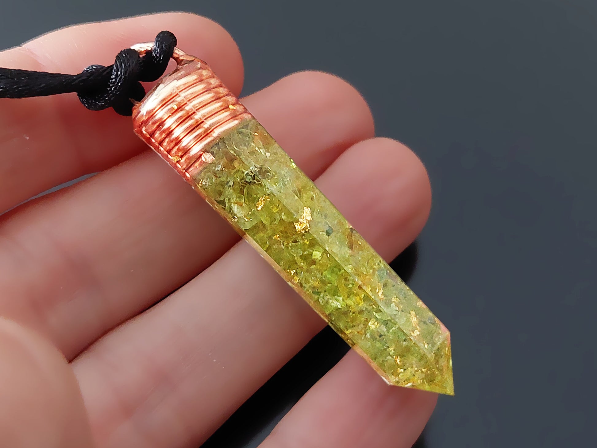 Orgonite Orgone pendant necklace, peridot, copper 24k gold. Reiki crystal healing chakra pendant. Money amulet.