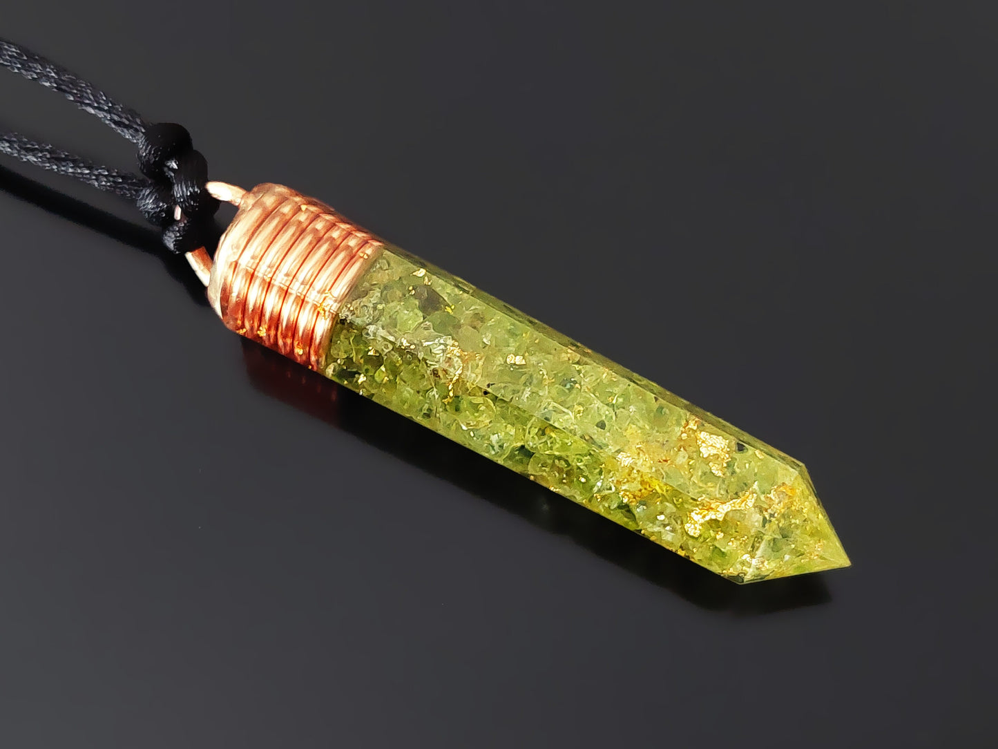 Orgonite Orgone pendant necklace, peridot, copper 24k gold. Reiki crystal healing chakra pendant. Money amulet.