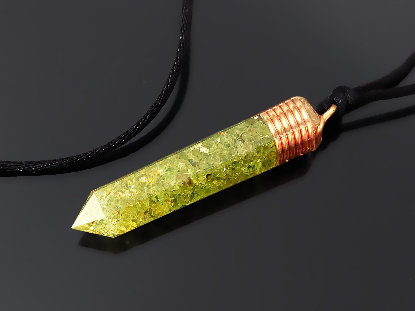 Orgonite Orgone pendant necklace, peridot, copper 24k gold. Reiki crystal healing chakra pendant. Money amulet.