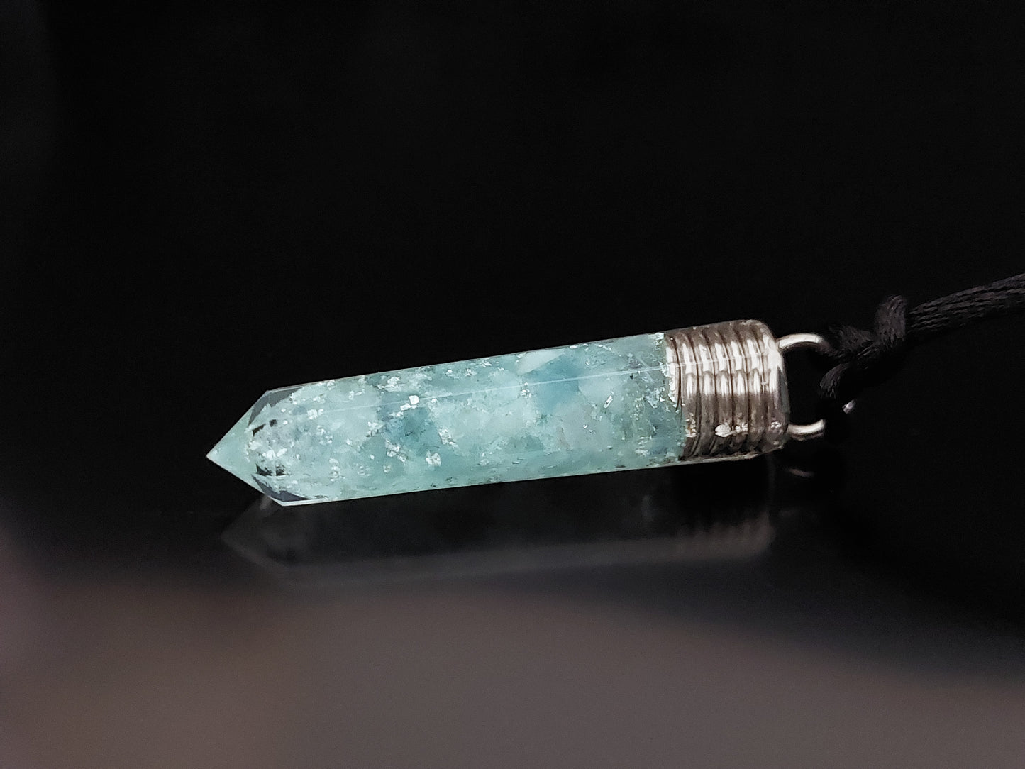 Aquamarine Orgone Orgonite pendant necklace, Reiki infused crystal chakra healing amulet, glow in dark