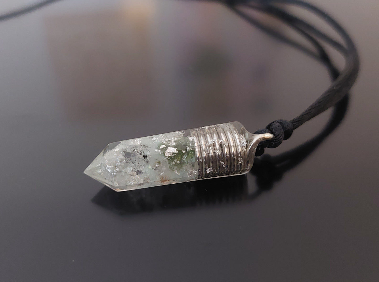 Orgonite pendant necklace, powerful high vibrations crystals, silver, diamonds, danburite, moldavite, herkimer