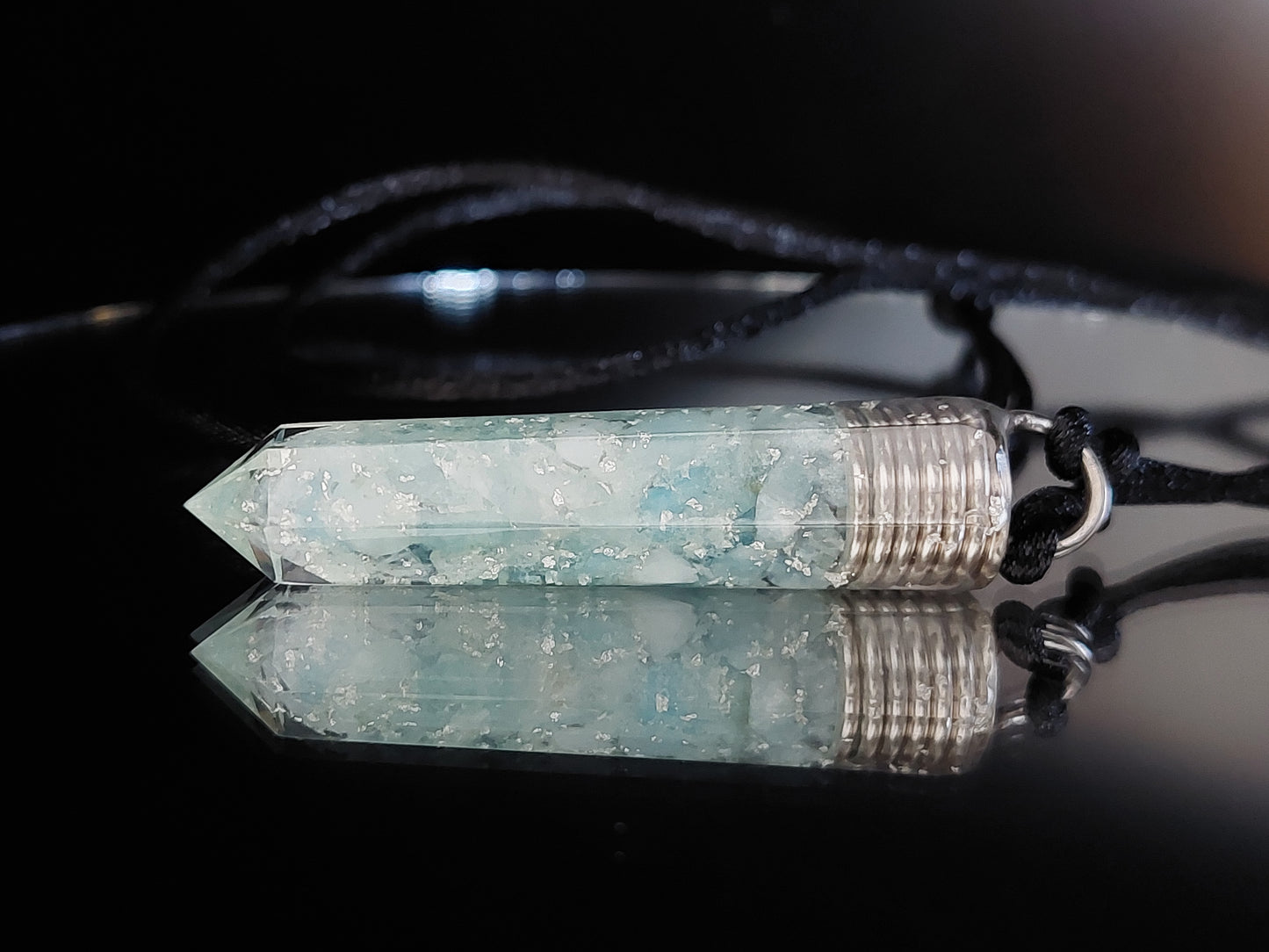 Aquamarine Orgone Orgonite pendant necklace, Reiki infused crystal chakra healing amulet, glow in dark