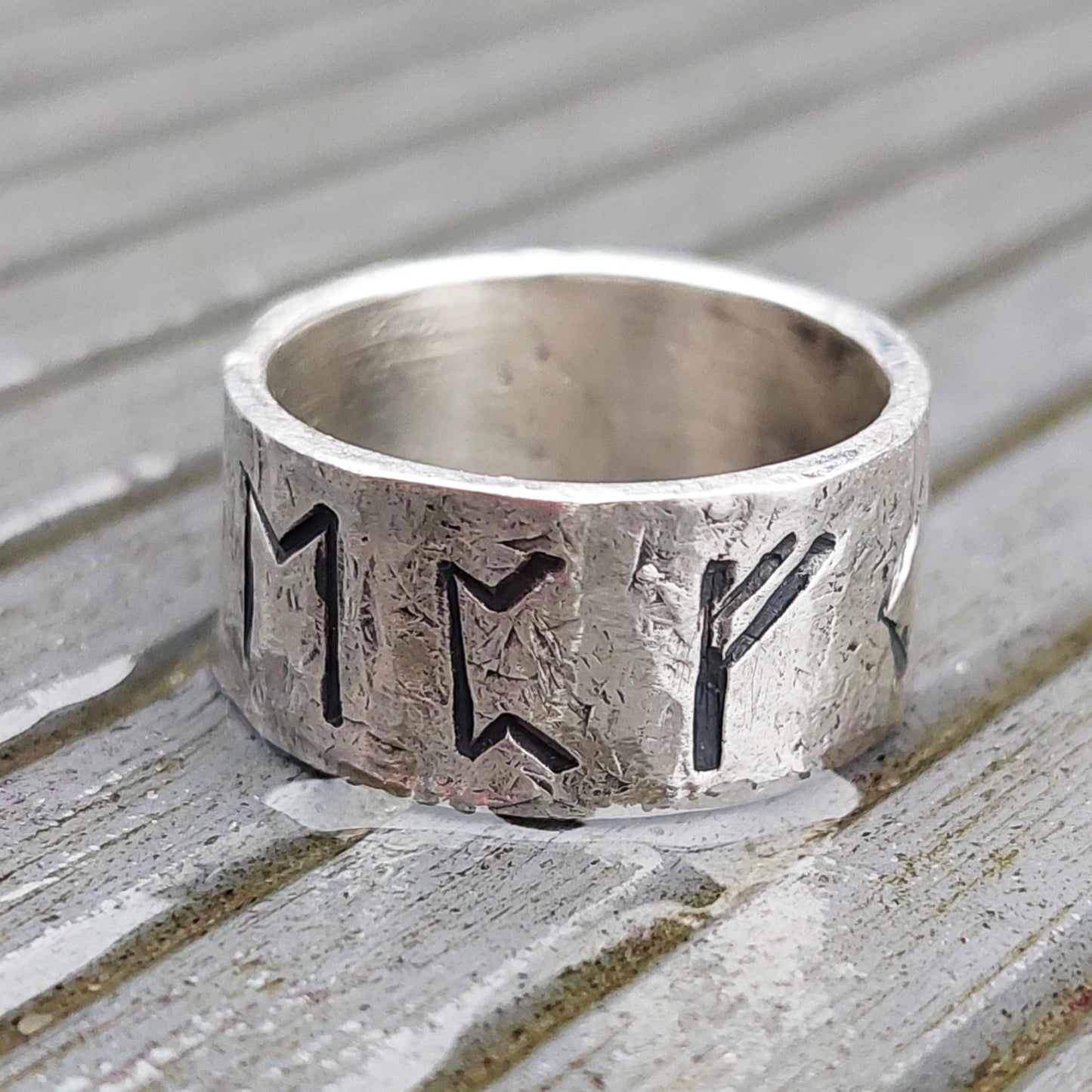 Rune ring. Real Money, luck, prosperity amulet, rustic sterling silver ring with Celtic, Viking runes formula. Norse