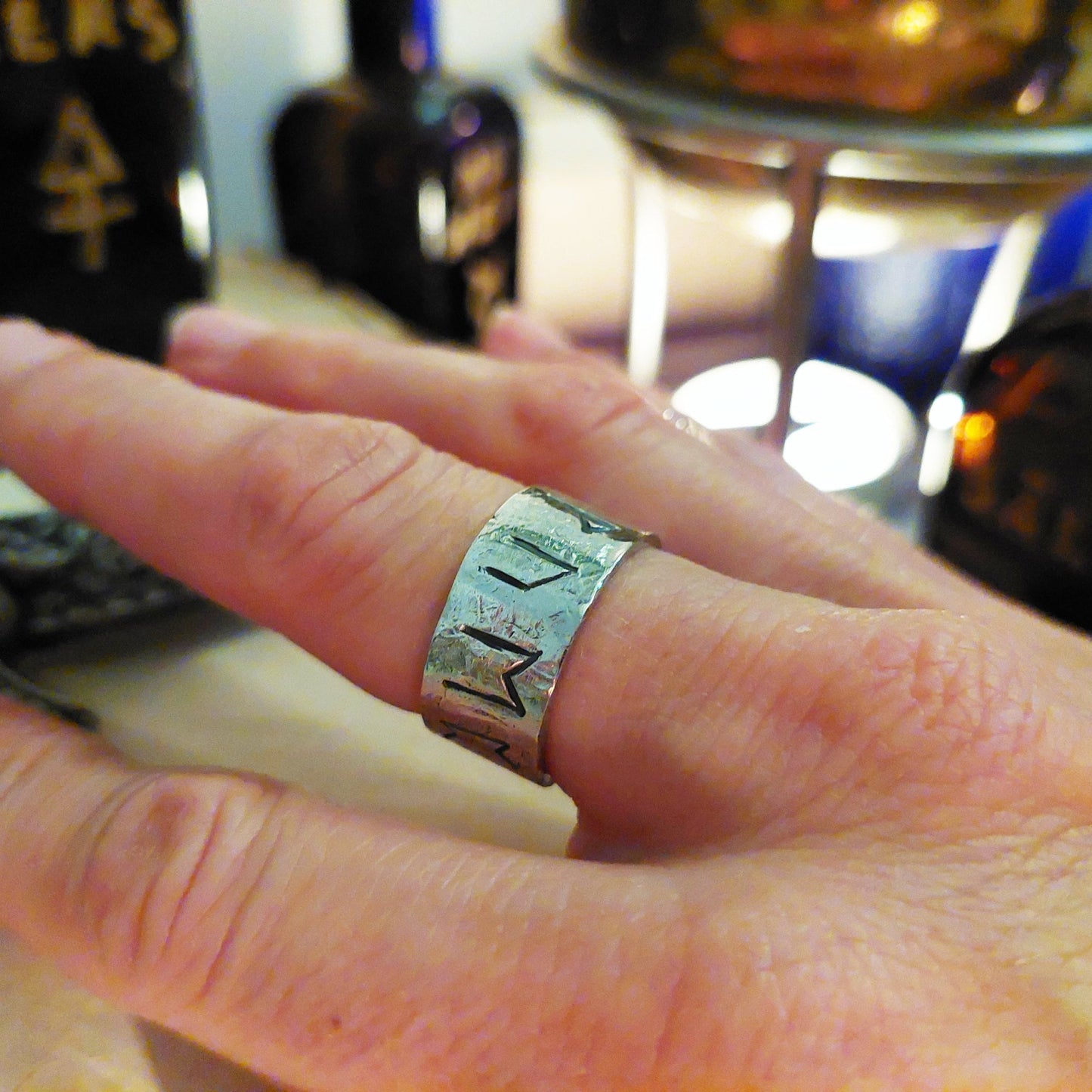 Rune ring. Real Money, luck, prosperity amulet, rustic sterling silver ring with Celtic, Viking runes formula. Norse