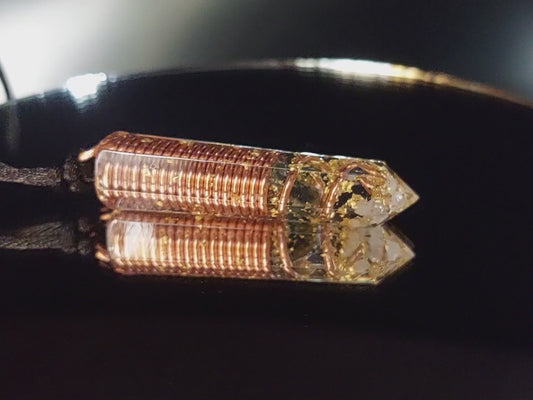 Moldavite Orgonite pendant with Diamonds, Herkimer, 24k gold and copper
