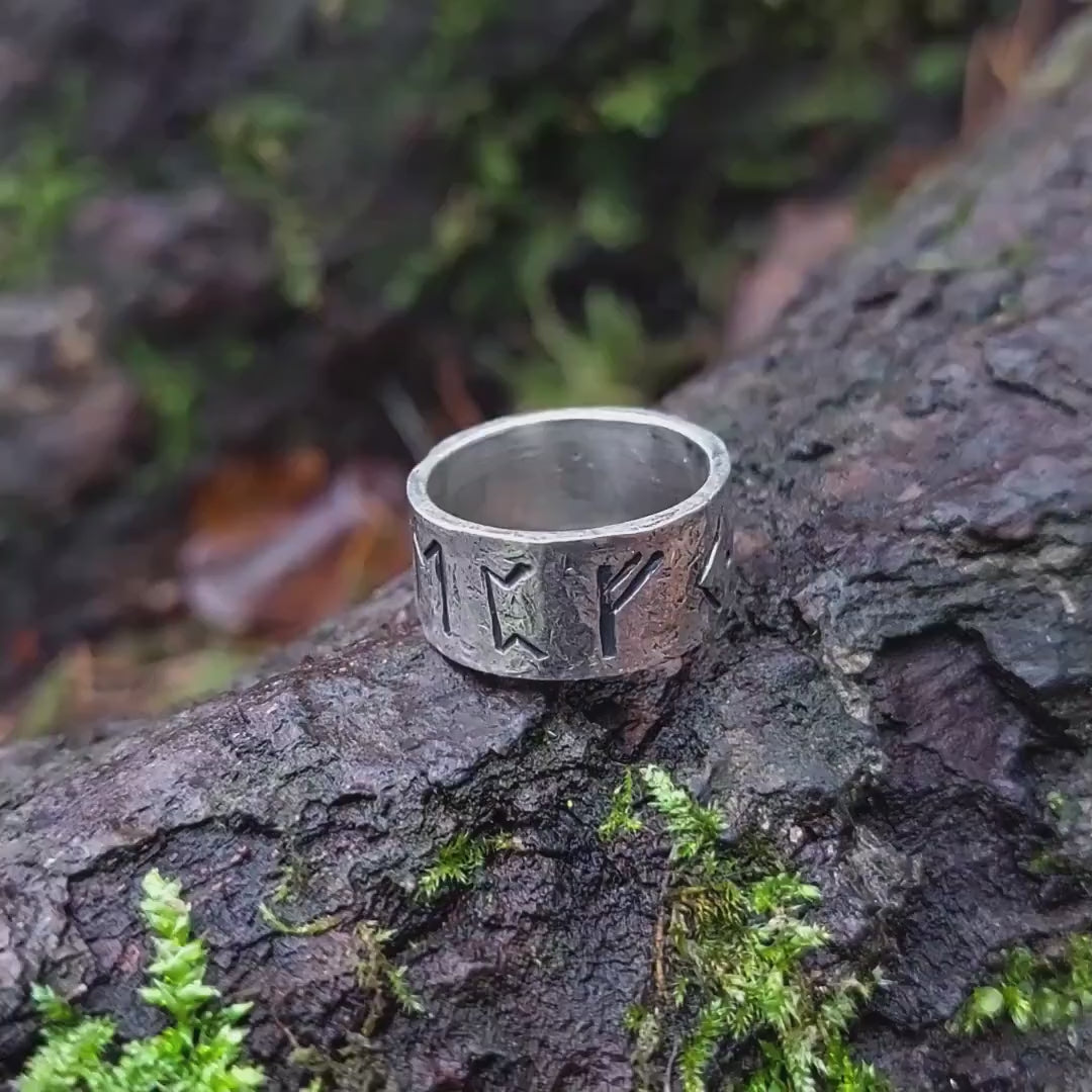 Rune ring. Real Money, luck, prosperity amulet, rustic sterling silver ring with Celtic, Viking runes formula. Norse