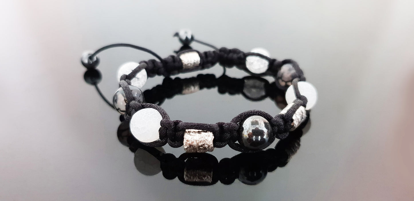 Shamballa bracelet, natural crystal beads, 99.9 pure silver beads, hematite, programmed amulet charm