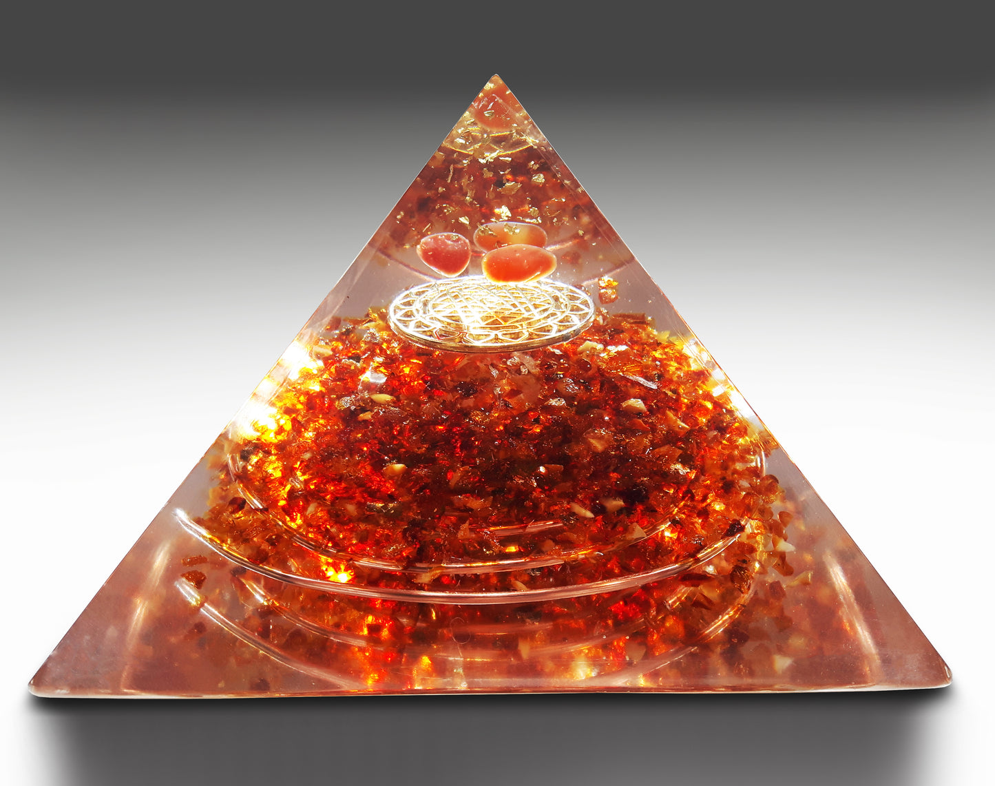 Orgonite pyramid / Baltic Amber Pyramid, carnelian, quartz, Sri Yantra