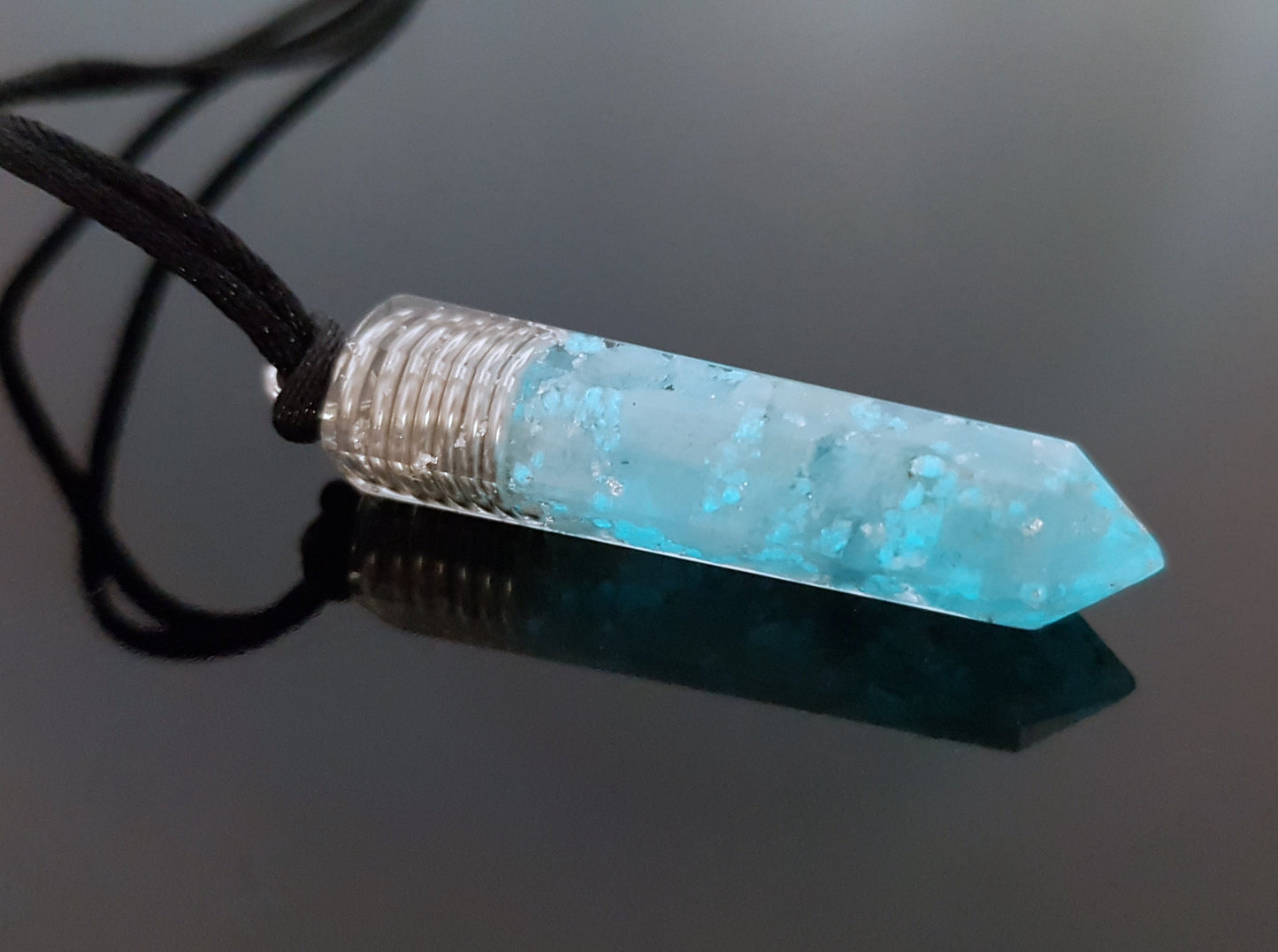 Aquamarine Orgone Orgonite pendant necklace, Reiki infused crystal chakra healing amulet, glow in dark