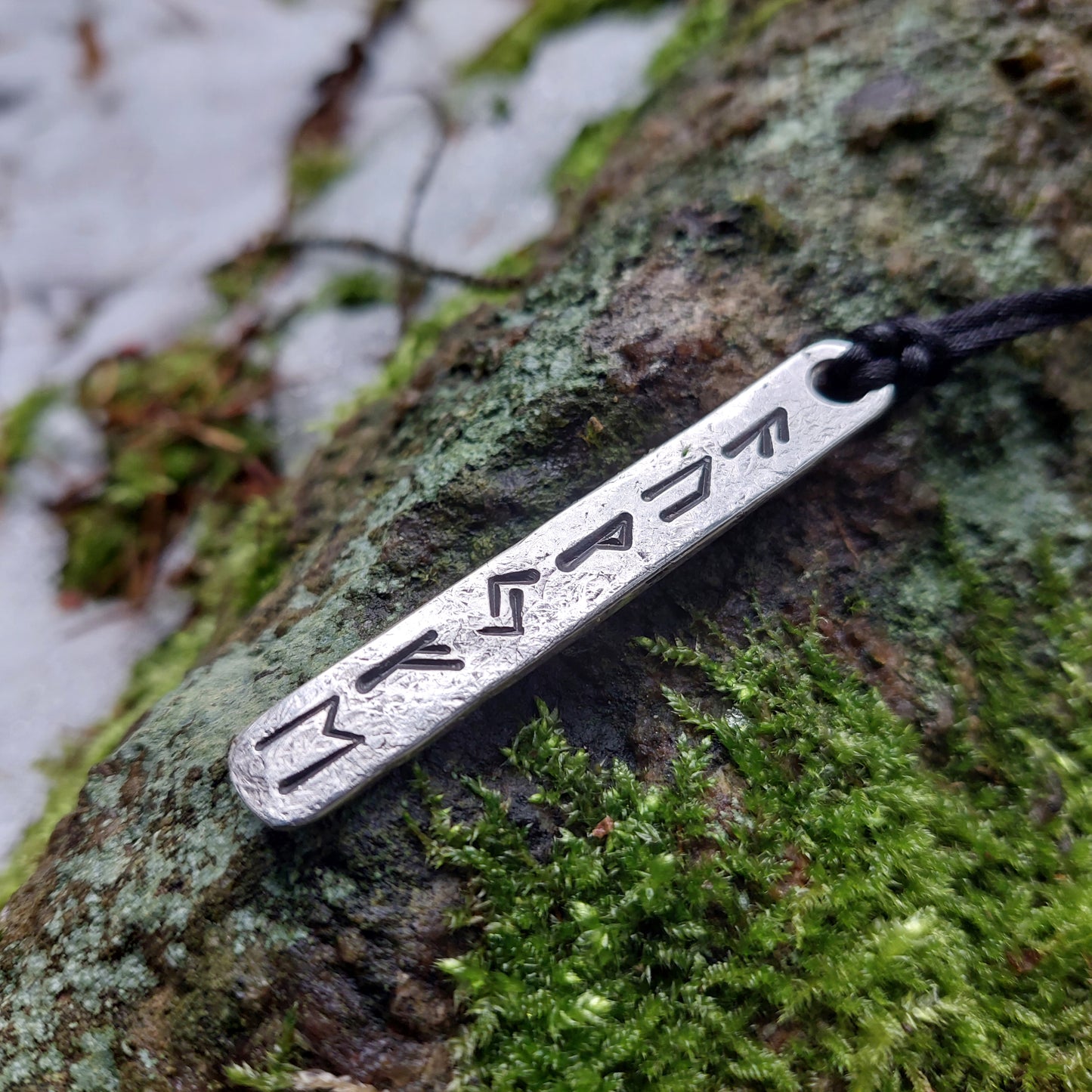 Luck Wealth money and Prosperity amulet pendant with runes formula. Silver rune amulet, Fehu. Roughly made, forged.