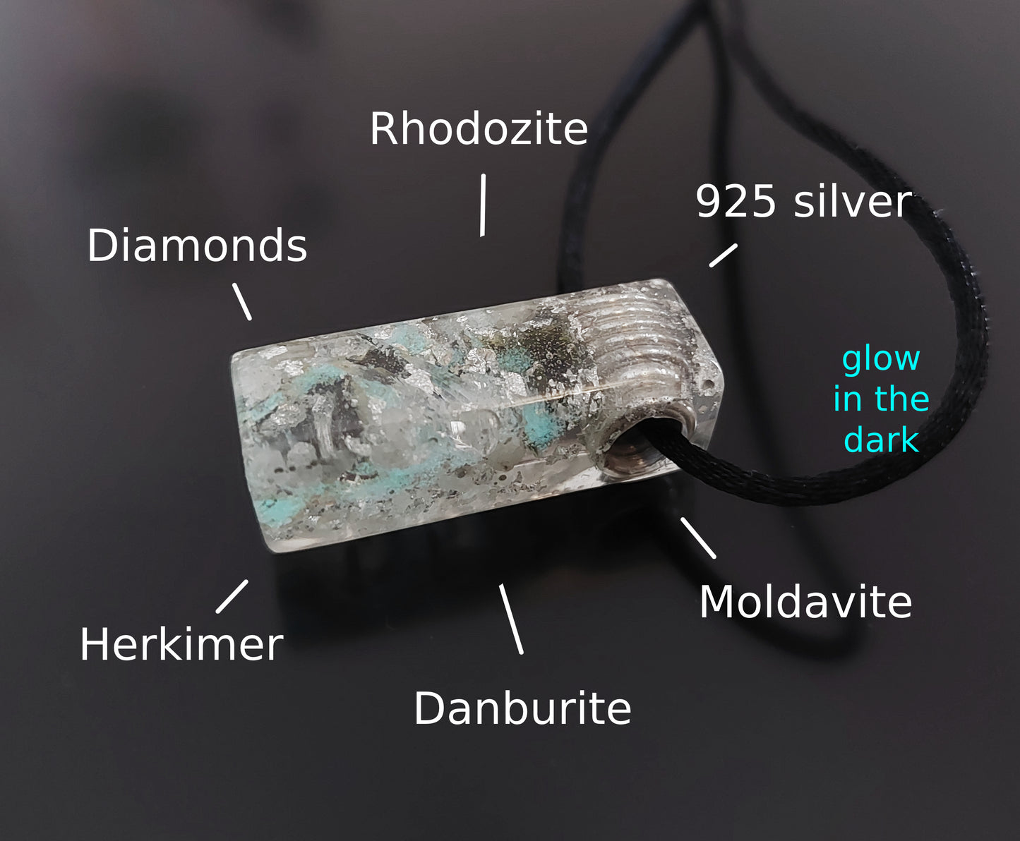 Orgonite orgone pendant, necklace - diamonds, Moldavite, Herkimer, Rhodozite, Danburite, sterling silver, high vibrations