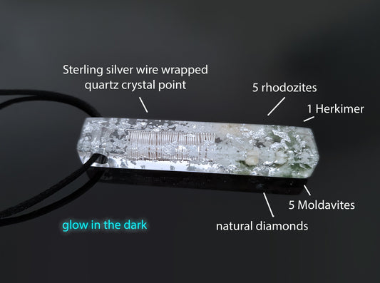 Orgonite pendant with most powerful crystal combination, Moldavite, Herkimer, Diamonds, Rhodosite
