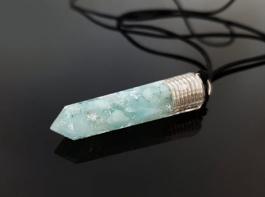 Aquamarine Orgone Orgonite pendant necklace, Reiki infused crystal chakra healing amulet