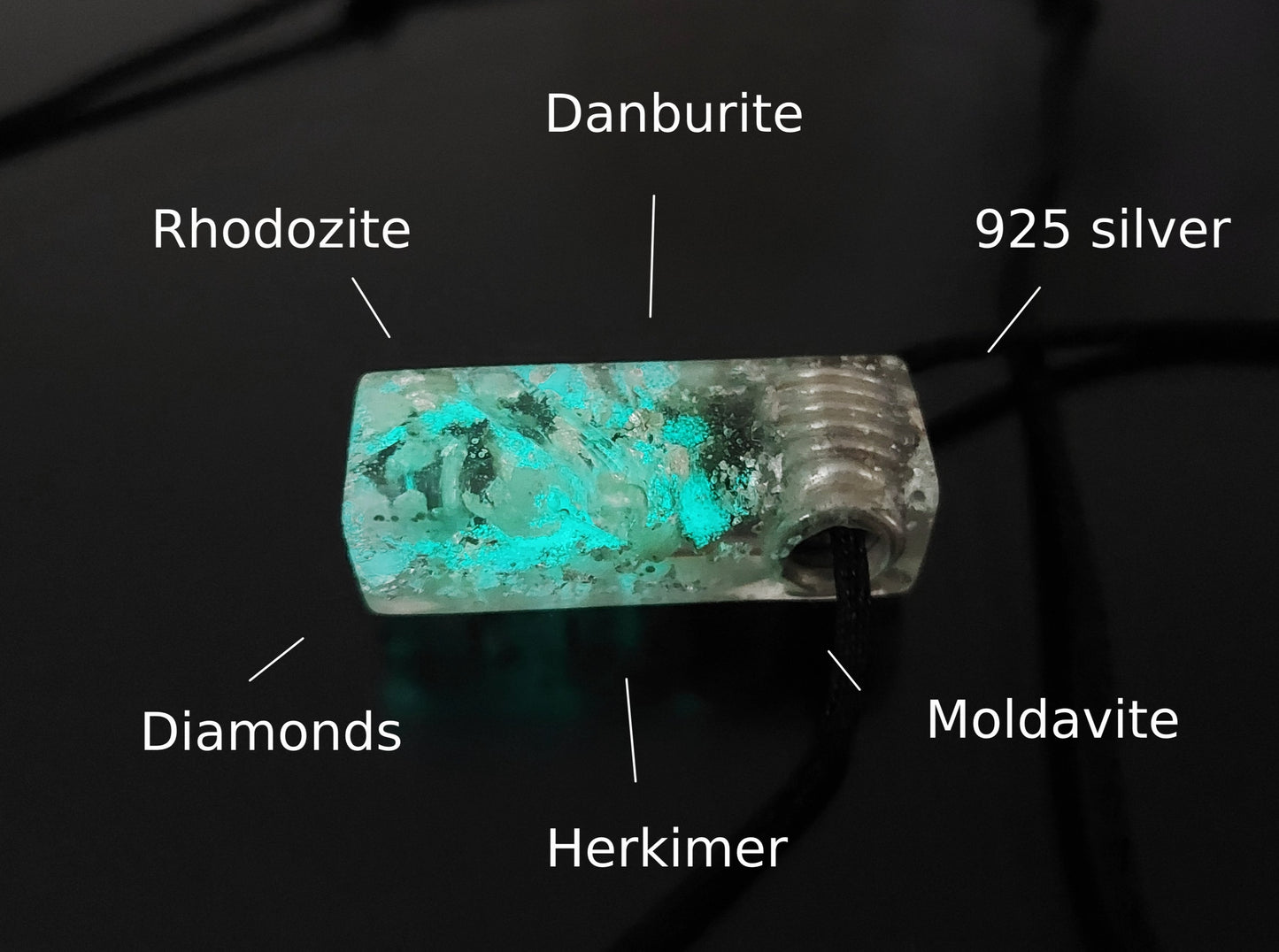 Orgonite orgone pendant, necklace - diamonds, Moldavite, Herkimer, Rhodozite, Danburite, sterling silver, glow in the dark