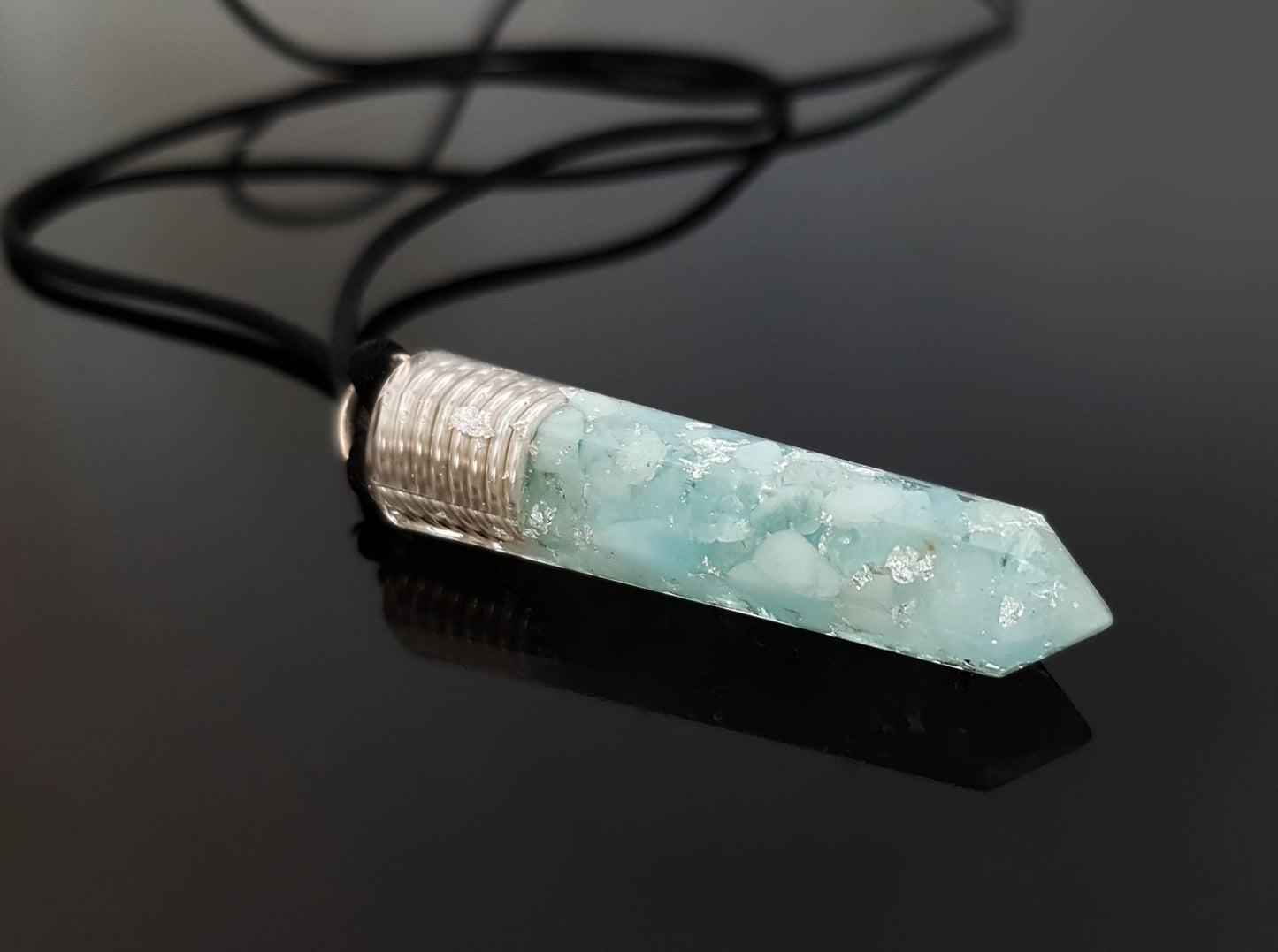 Aquamarine Orgone Orgonite pendant necklace, Reiki infused crystal chakra healing amulet, glow in dark